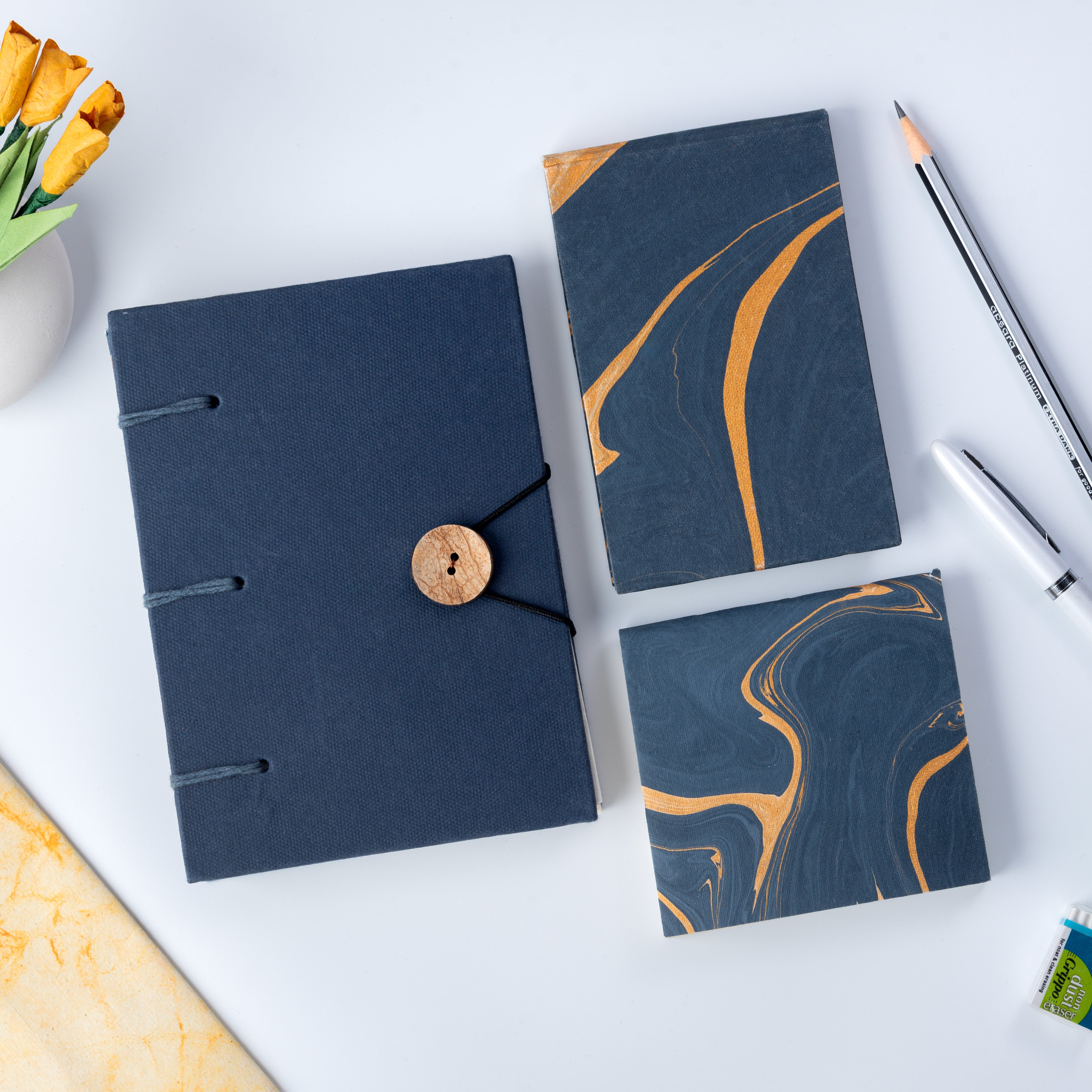 Combo of 3 - Blue Button A5 Diary + Small Blue Marble Notepad + Small Blue Marble Pocket Diary