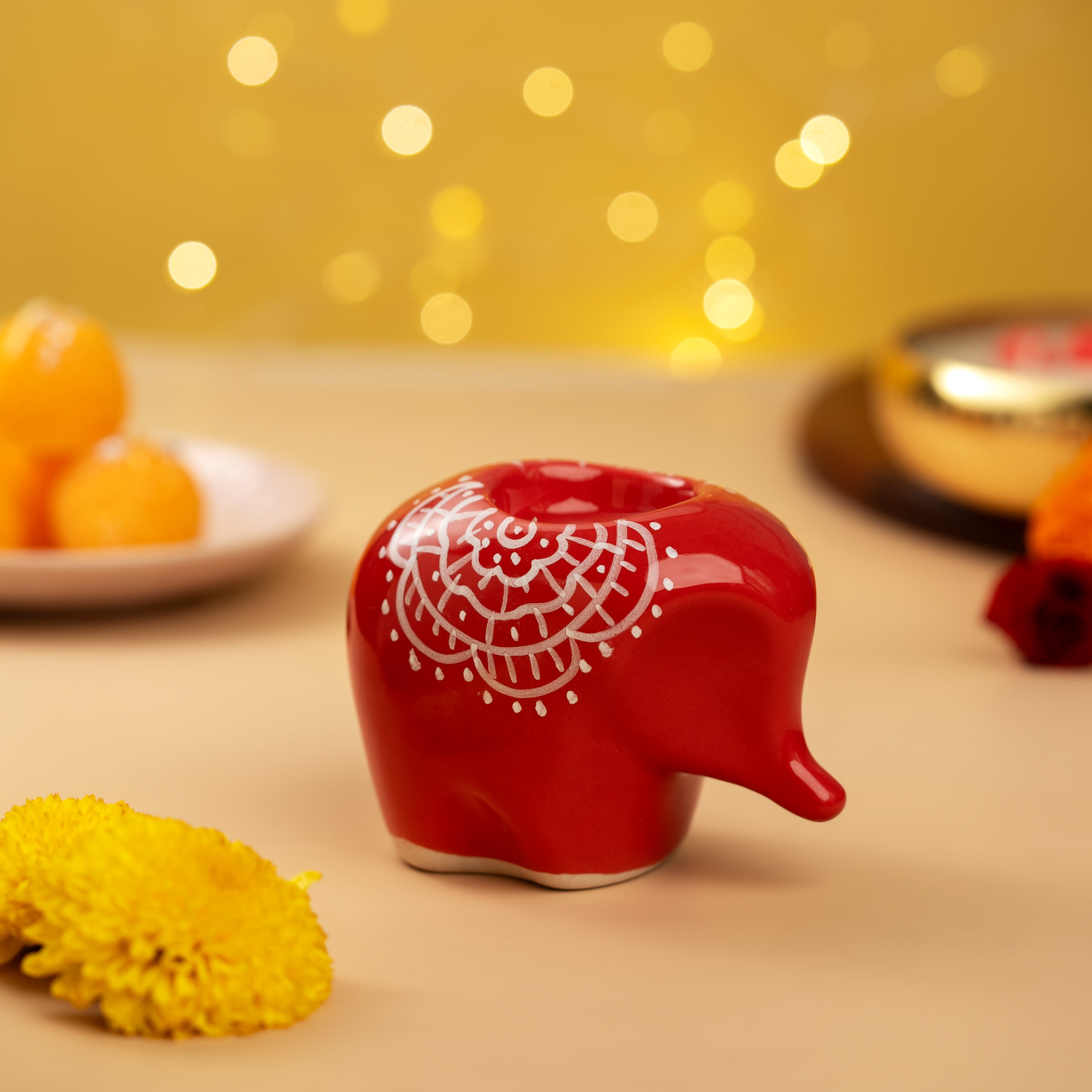 Set of 2 Red Elephant Ceramic Handpainted Tealight Holders