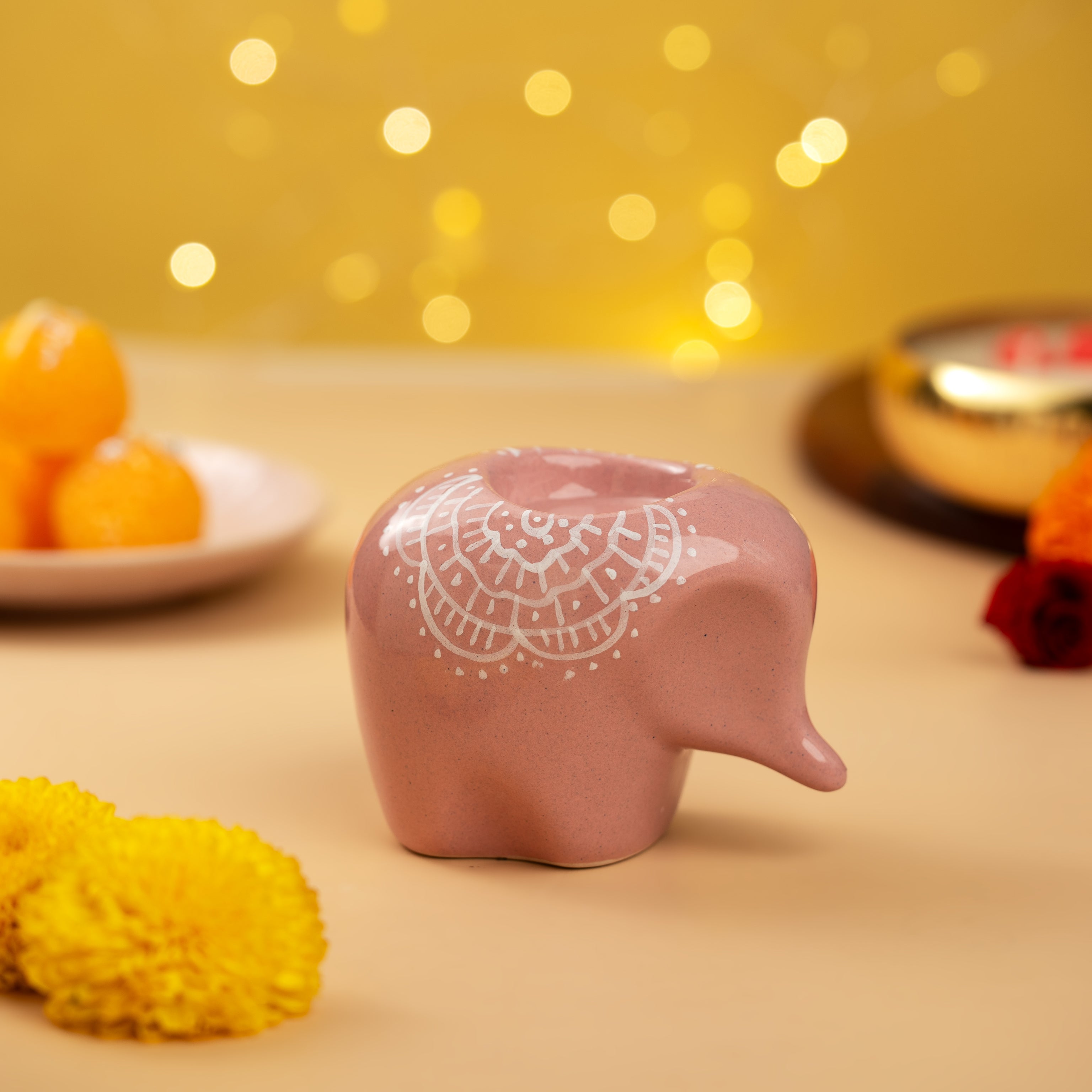 Set of 2 Pink Elephant Ceramic Handpainted Tealight Holders