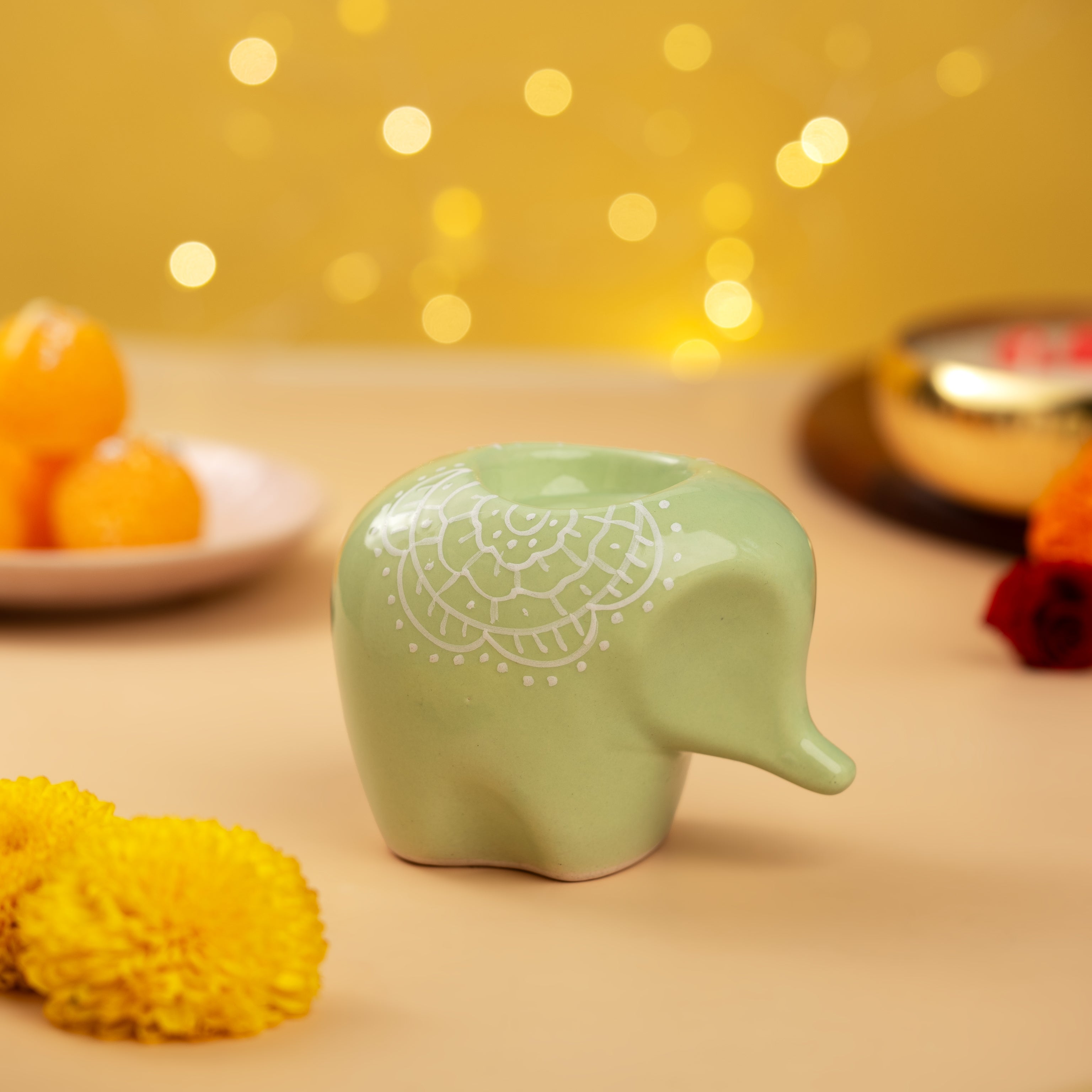 Green Elephant Ceramic Handpainted Tealight Holder- Single Piece (Not a Set)