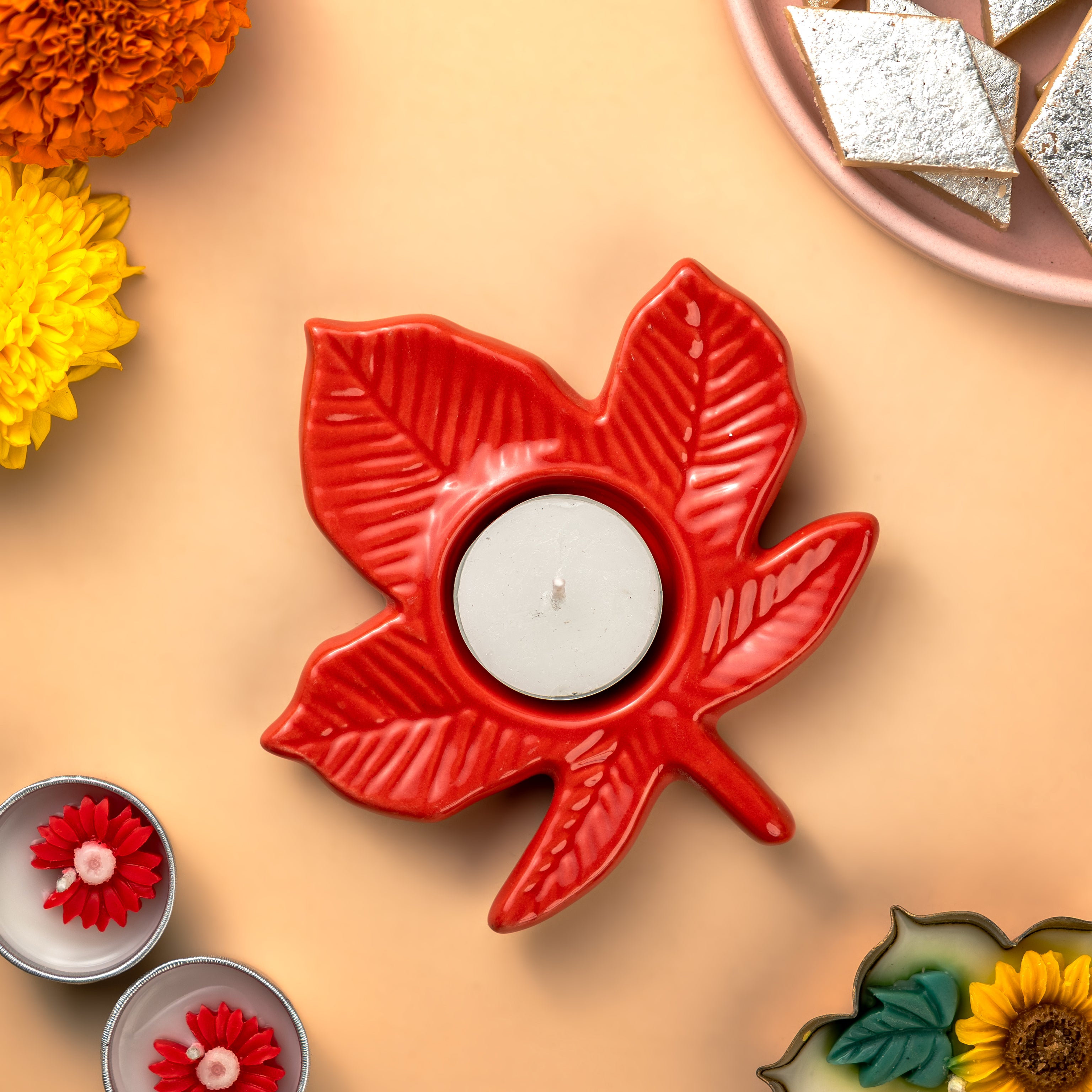 Set of 2 Red Leaf Ceramic Tealight Holders