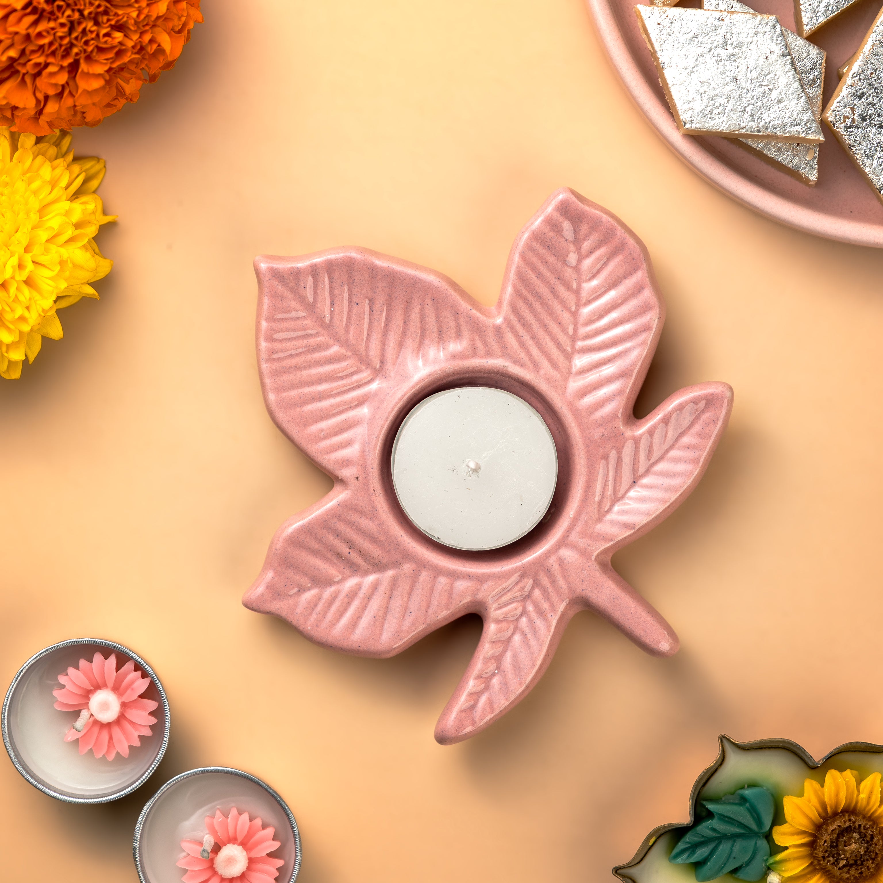 Set of 2 Pink Leaf Ceramic Tealight Holders