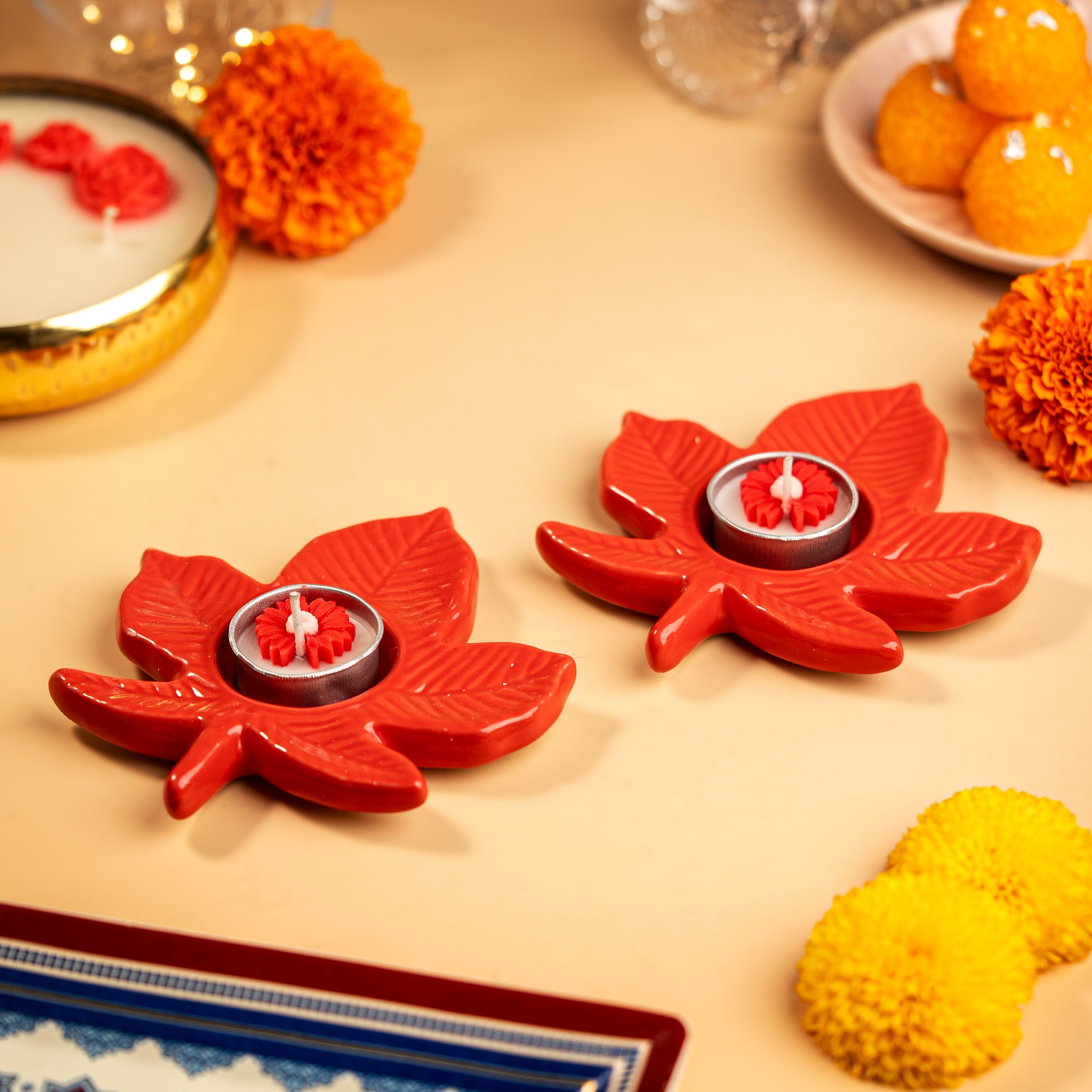 Set of 2 Red Leaf Ceramic Tealight Holders