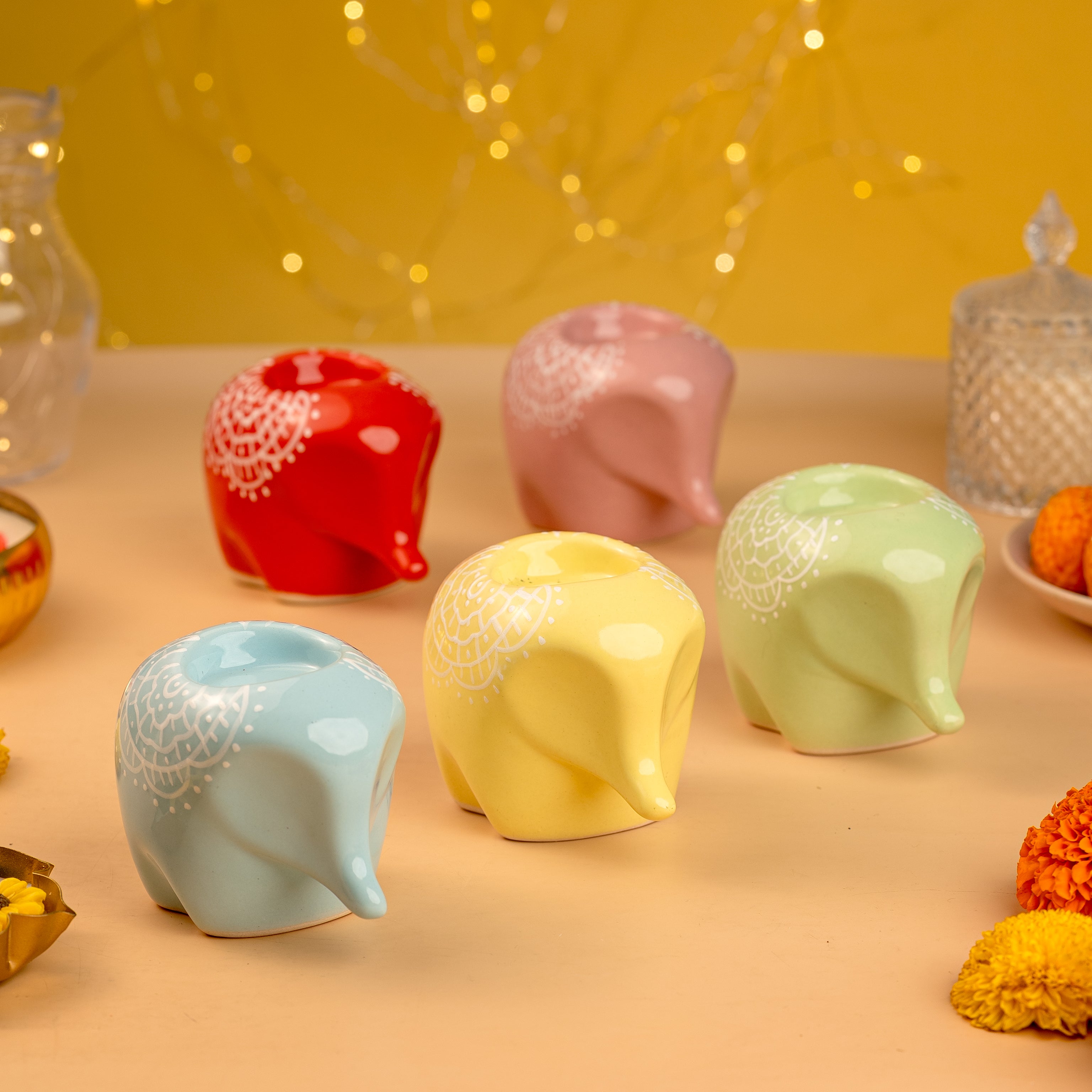 Yellow Elephant Ceramic Handpainted Tealight Holder- Single Piece (Not a Set)