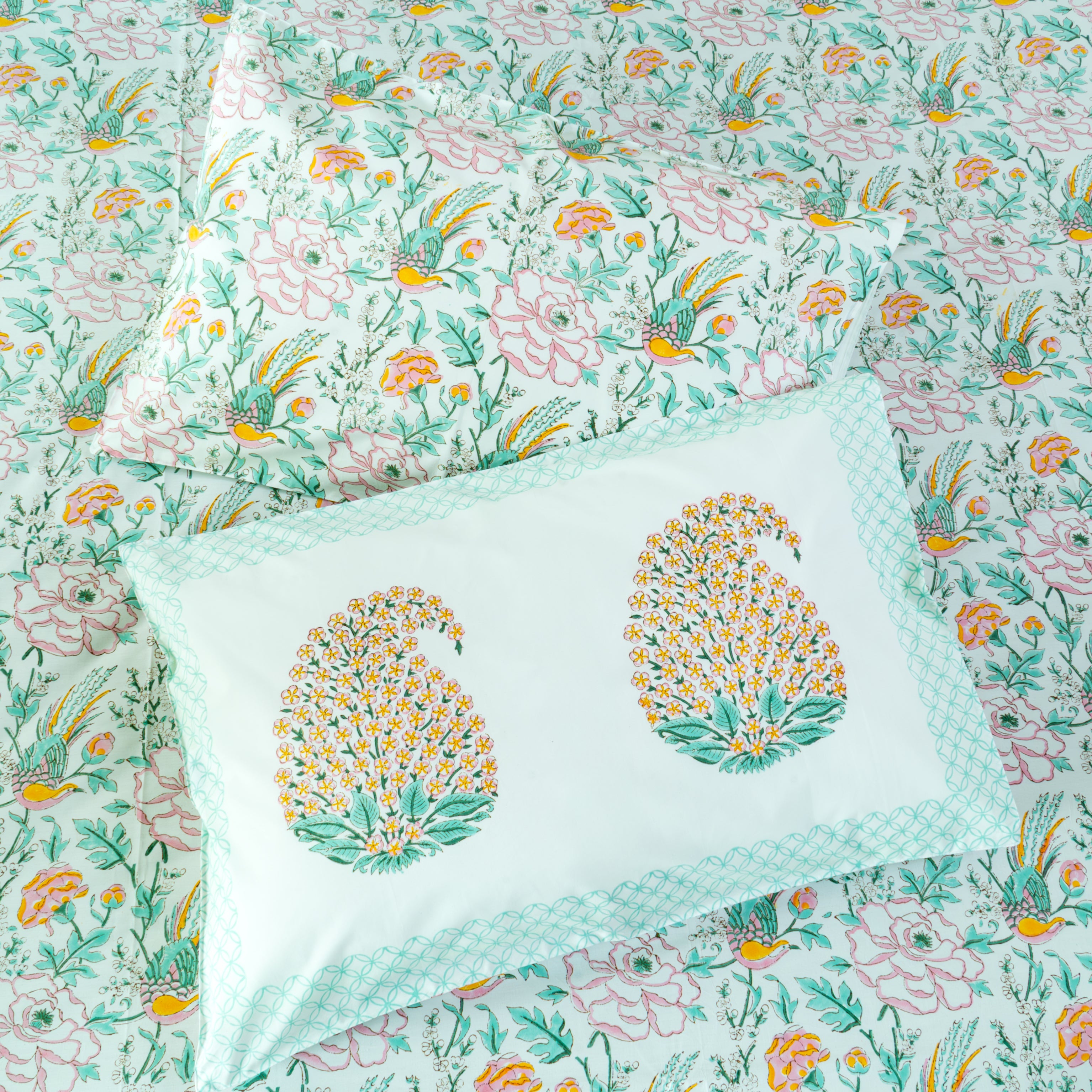 Laurel - Premium 300 TC Cotton Percale Handblock Printed Bedsheet