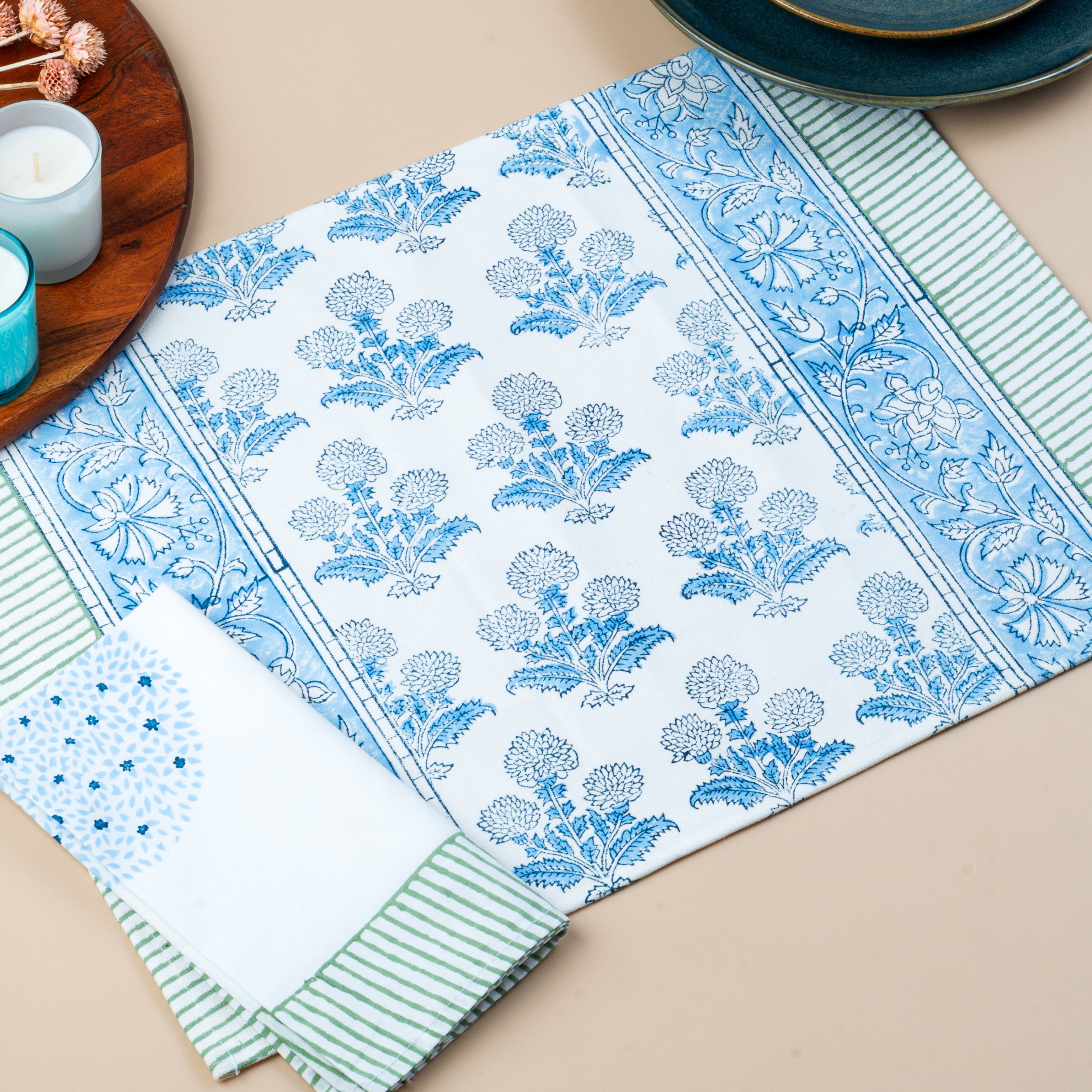 Magnolia - Set of 2 Handcrafted Block Printed Table Mats & Napkins (2+2)