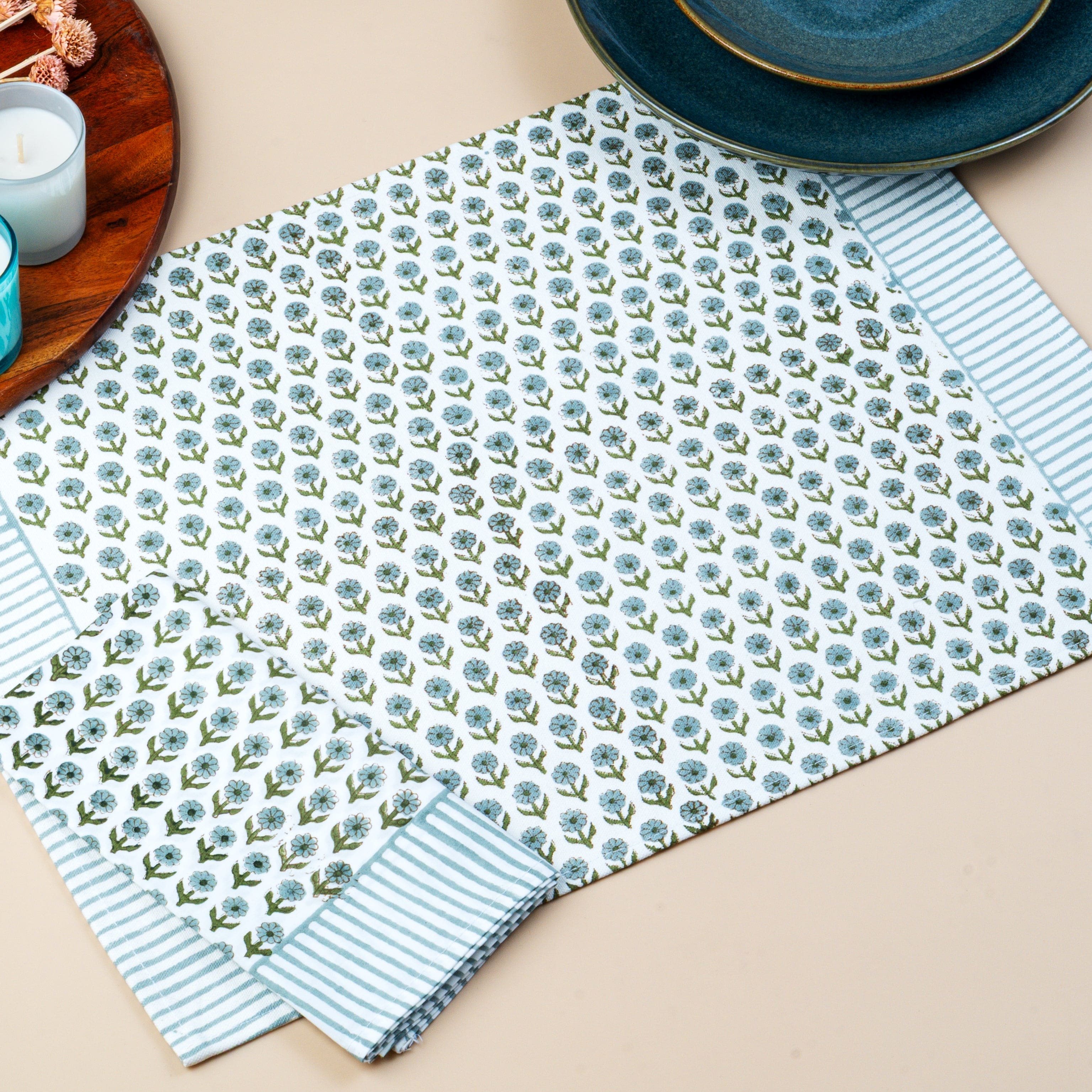 Linden - Set of 4 Handcrafted Block Printed Table Mats & Napkins Set (4+4)