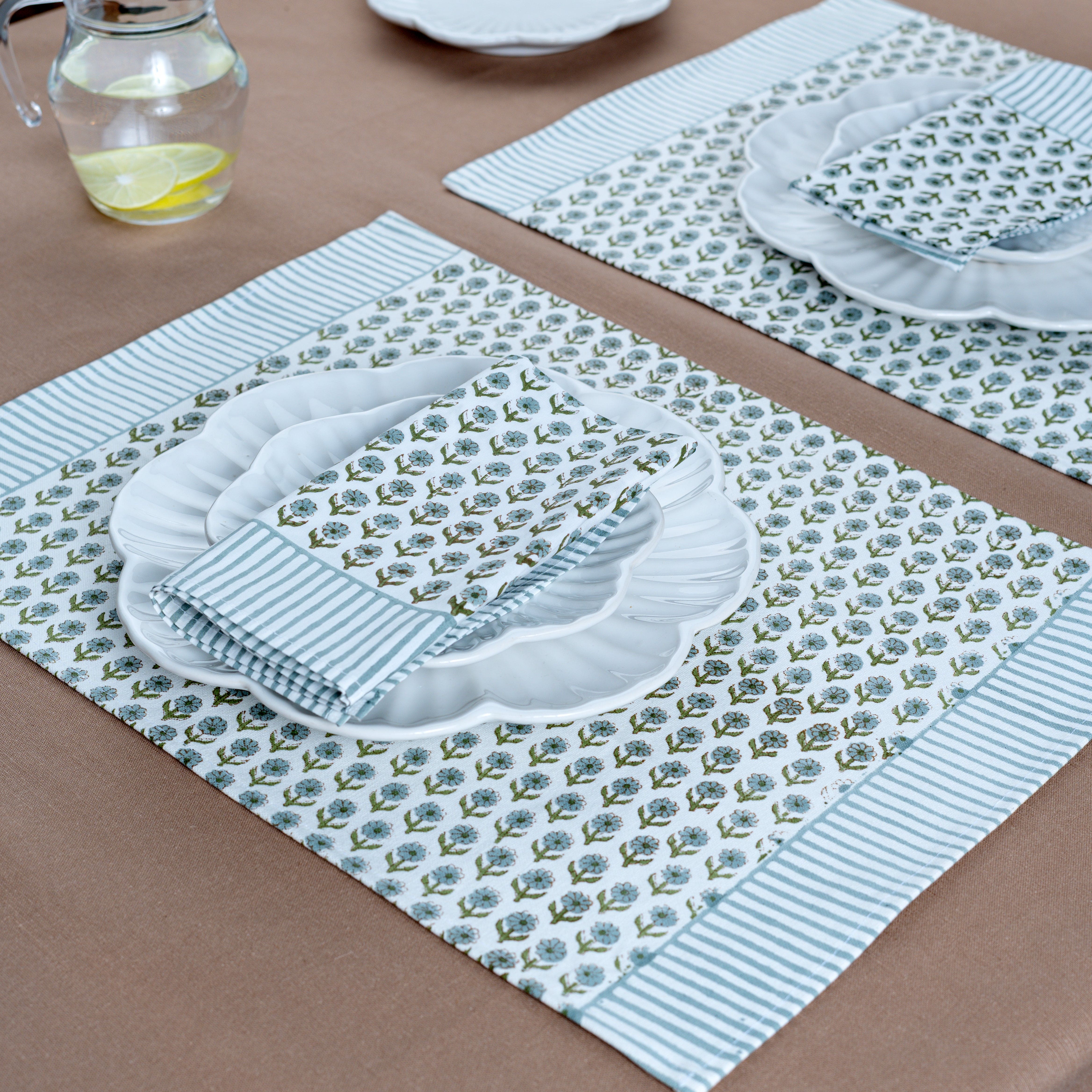 Linden - Set of 6 Handcrafted Block Printed Table Mats & Napkins Set (6+6)