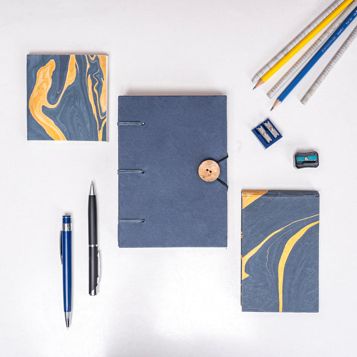 Combo of 3 - Blue Button A5 Diary + Small Blue Marble Notepad + Small Blue Marble Pocket Diary