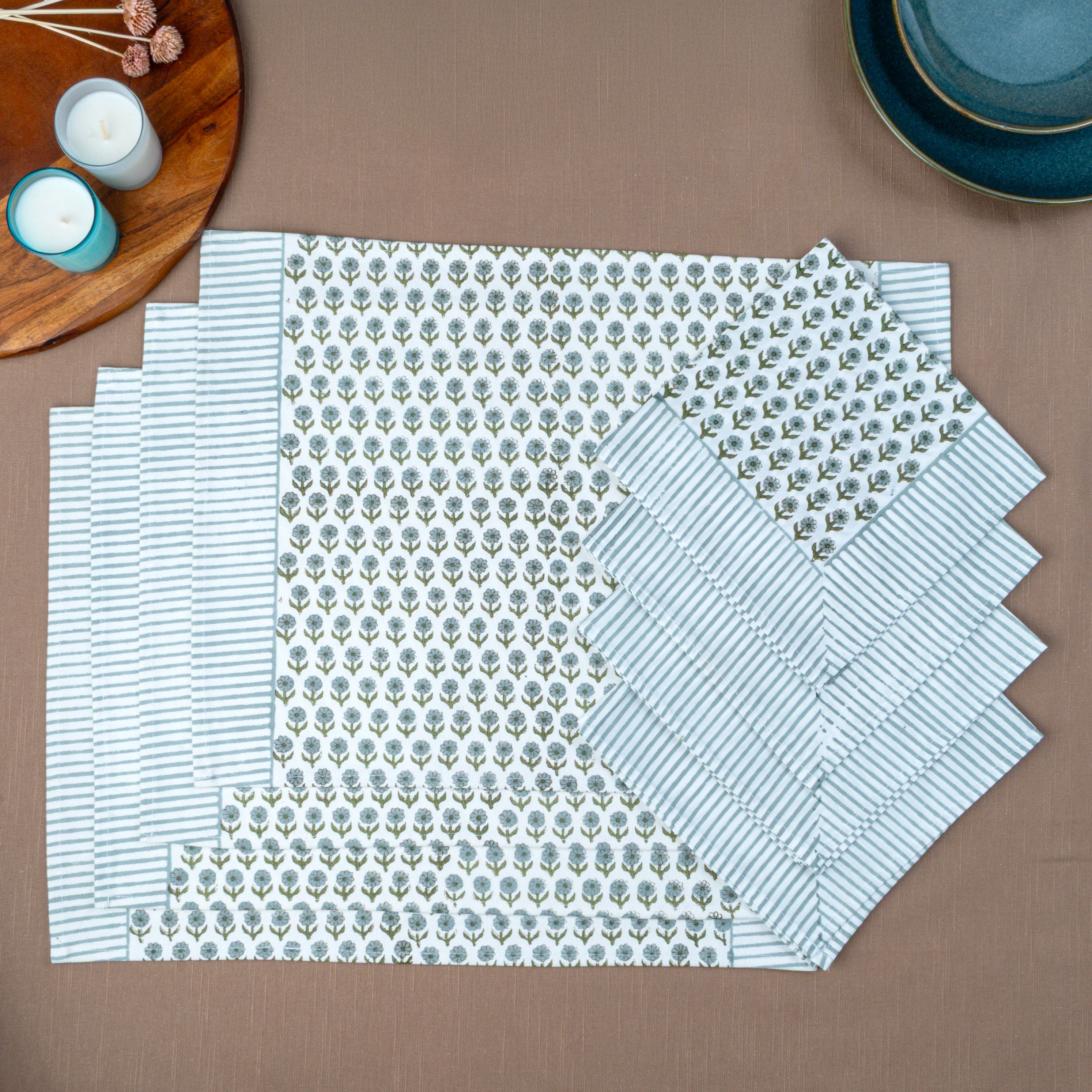 Linden - Set of 4 Handcrafted Block Printed Table Mats & Napkins Set (4+4)