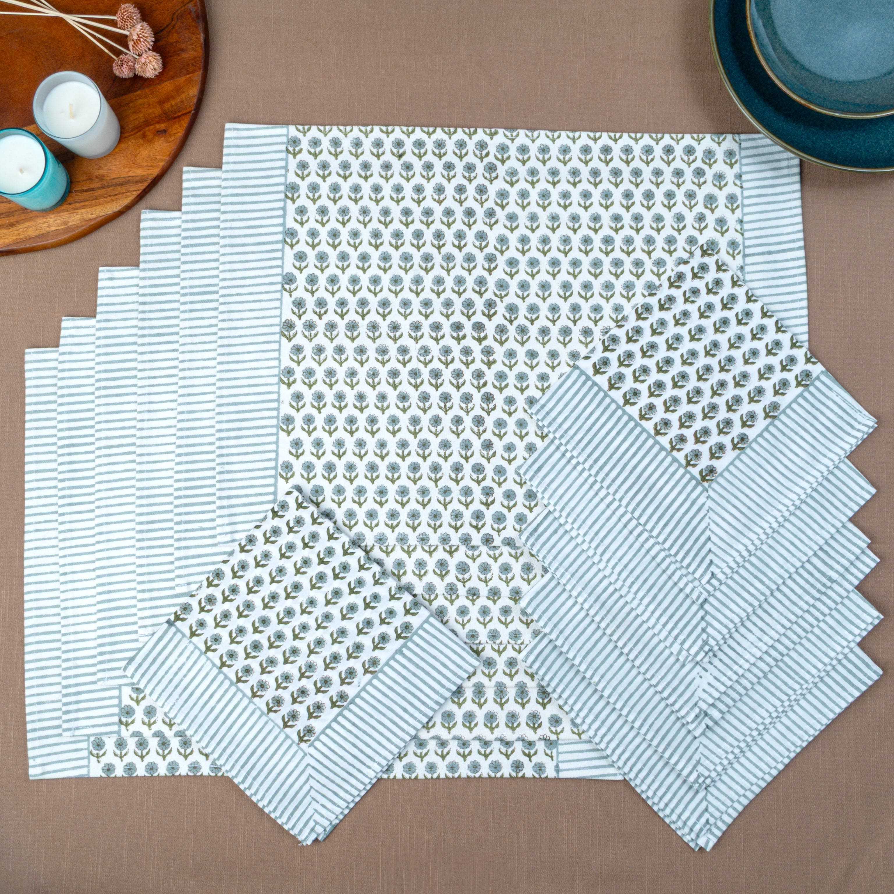 Linden - Set of 6 Handcrafted Block Printed Table Mats & Napkins Set (6+6)