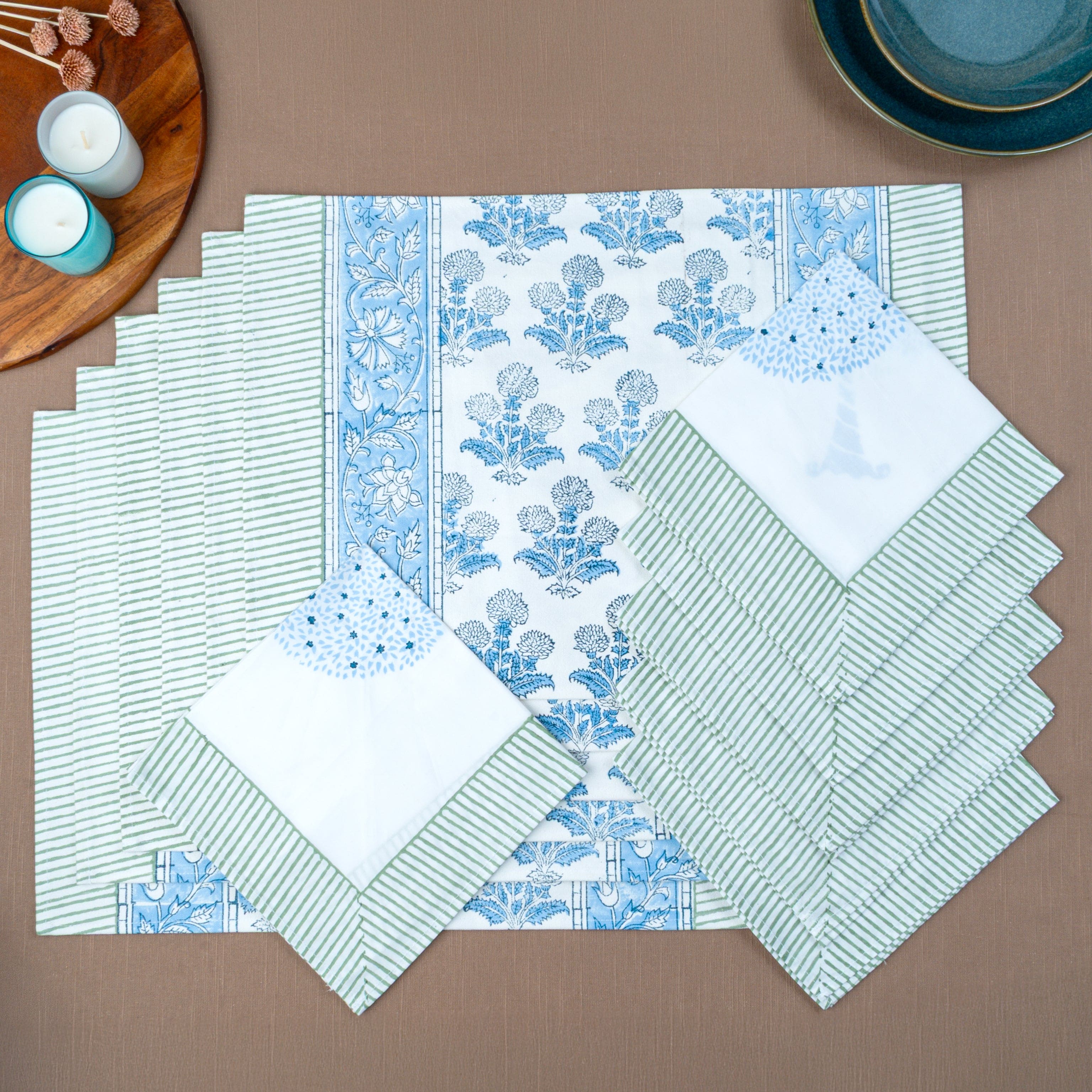 Magnolia - Set of 6 Handcrafted Block Printed Table Mats & Napkins  (6+6)