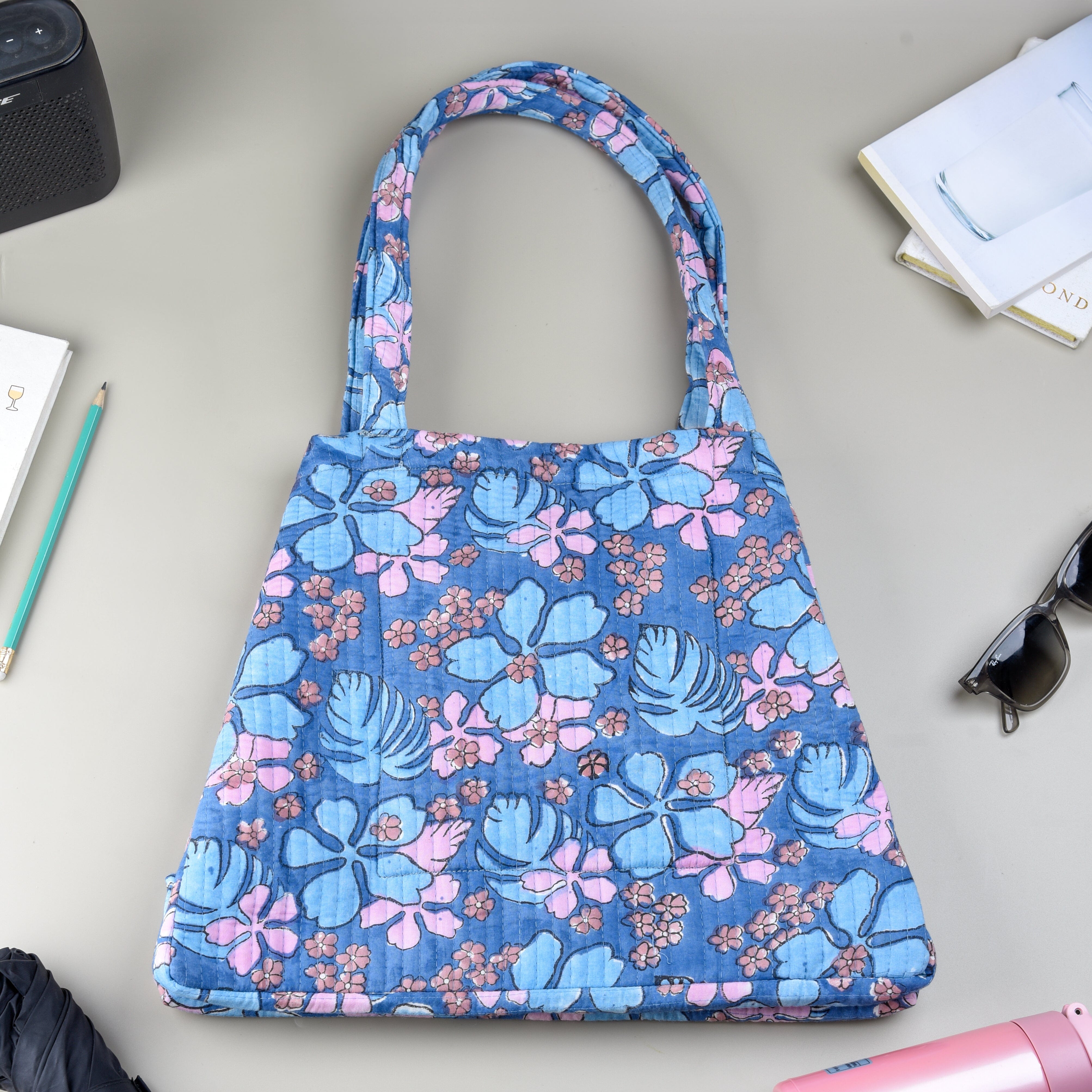 Bags 'Floral Breeze' Convertible Quilted Tote Bag - Block Printed artmansha