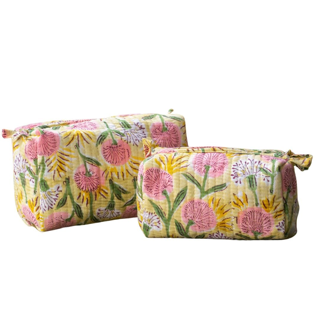 Bags '"Floral Meadow" Block Printed Quilted Toiletry Pouch Set of 2 – Small & Medium artmansha