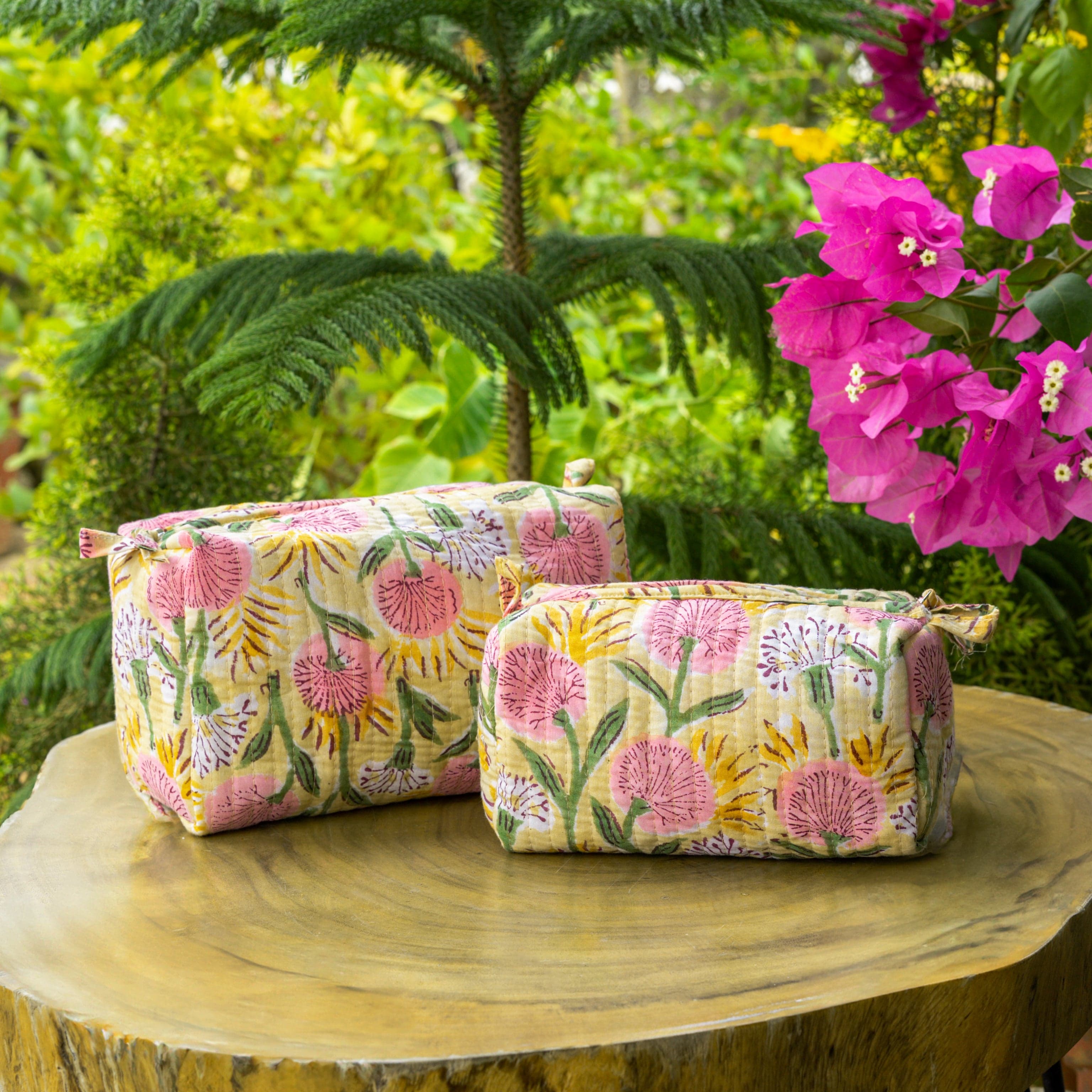 Bags '"Floral Meadow" Block Printed Quilted Toiletry Pouch Set of 2 – Small & Medium artmansha