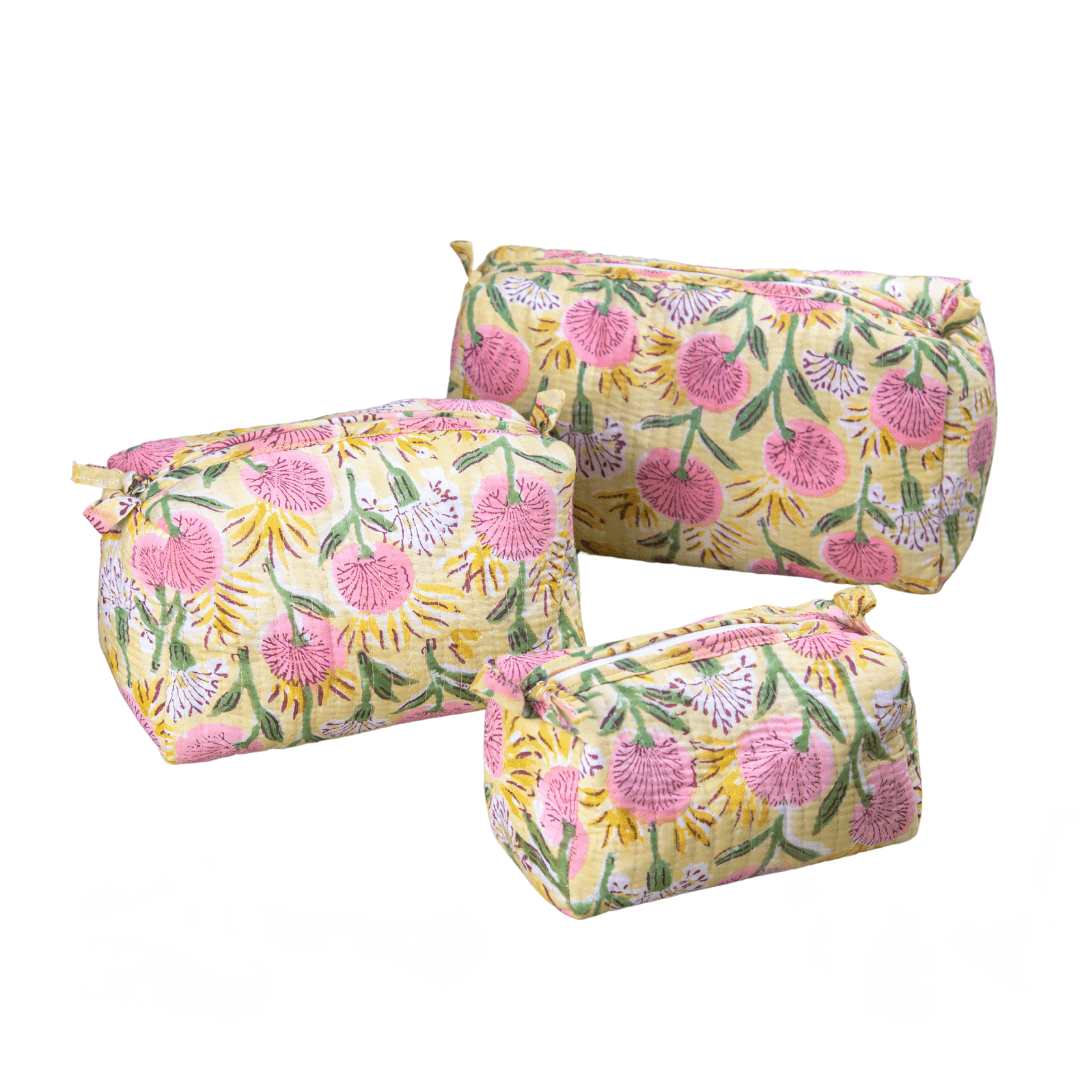 Bags "Floral Meadow" Block Printed Quilted Toiletry Pouch Set of 3 -Small, Medium & Large artmansha