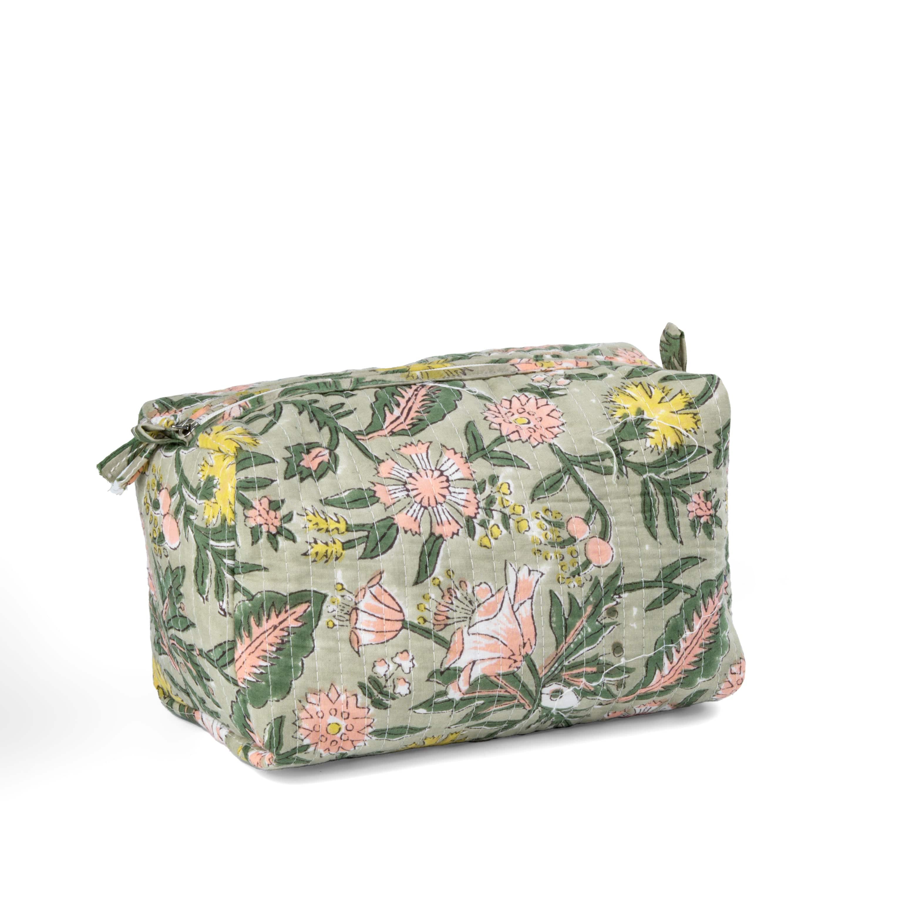 Bags '"Forest Bloom" Block Printed Quilted Toiletry Pouch – Medium artmansha
