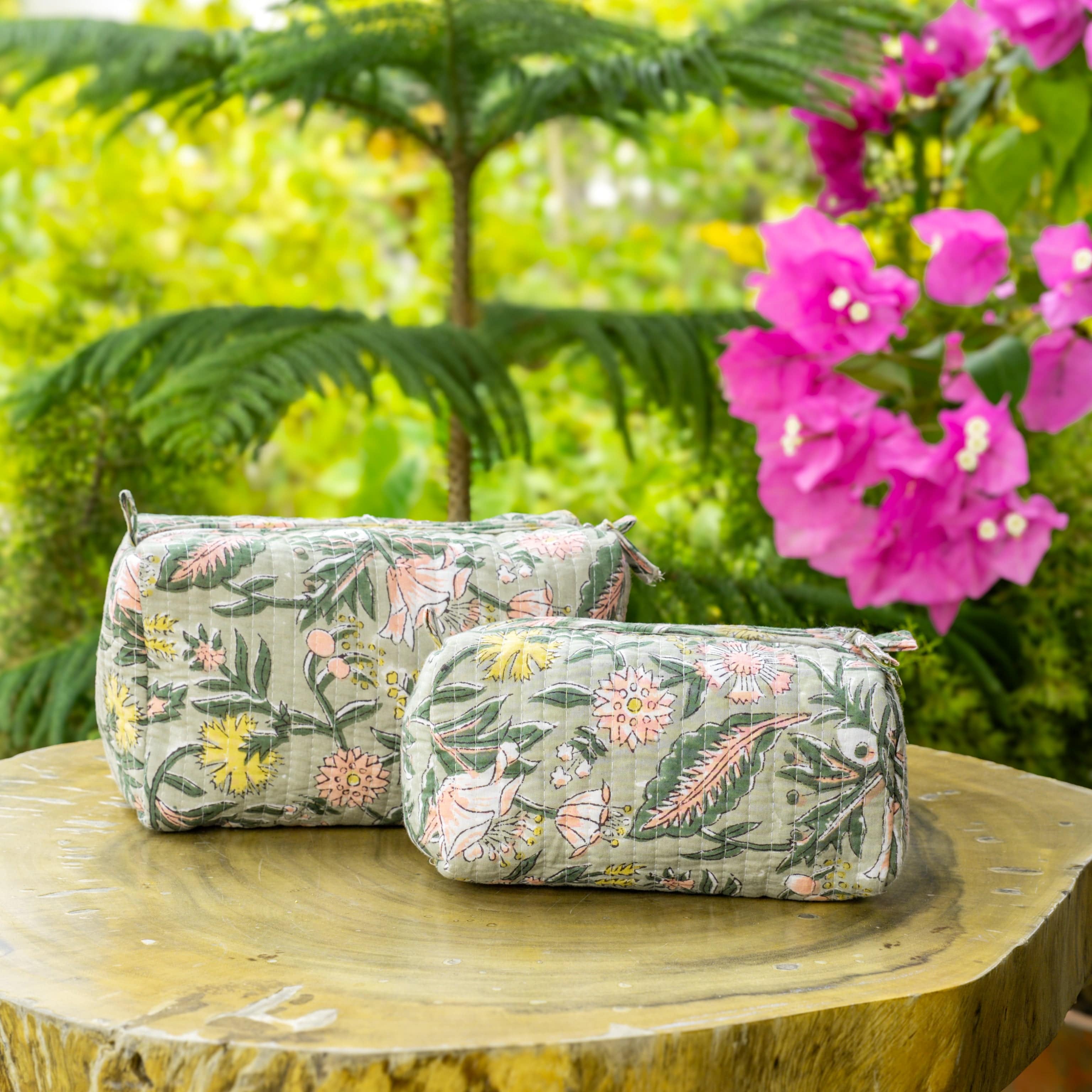 Bags "Forest Bloom" Block Printed Quilted Toiletry Pouch Set of 2 – Small & Medium artmansha