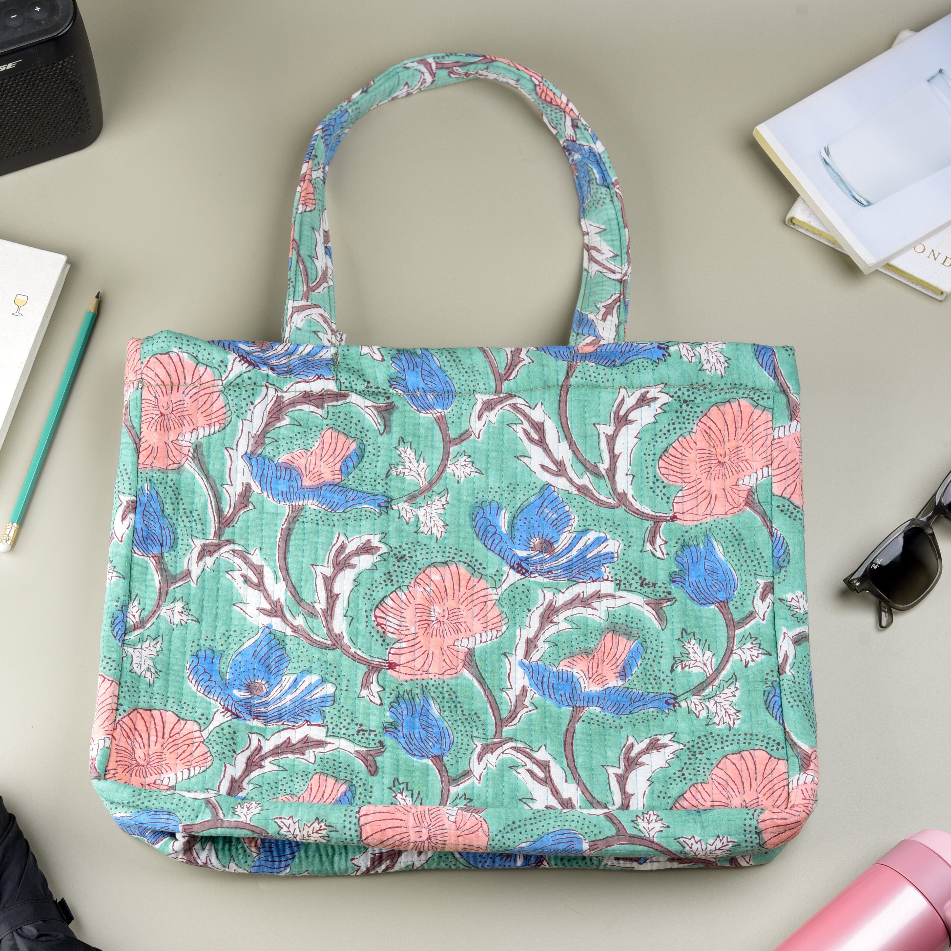 Bags 'Wildflower' Convertible Quilted Tote Bag - Block Printed artmansha