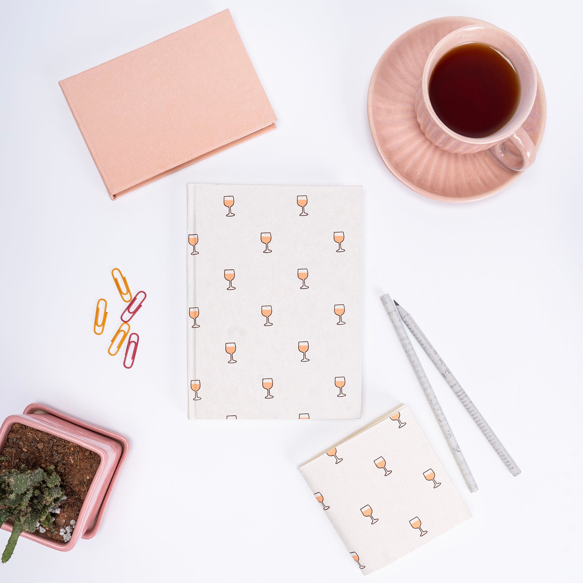 Combo of 3 - Wineglass A5 Hardbound Diary + Small Peach Plain Notepad + Small Wine Glass Pocket Diary artmansha
