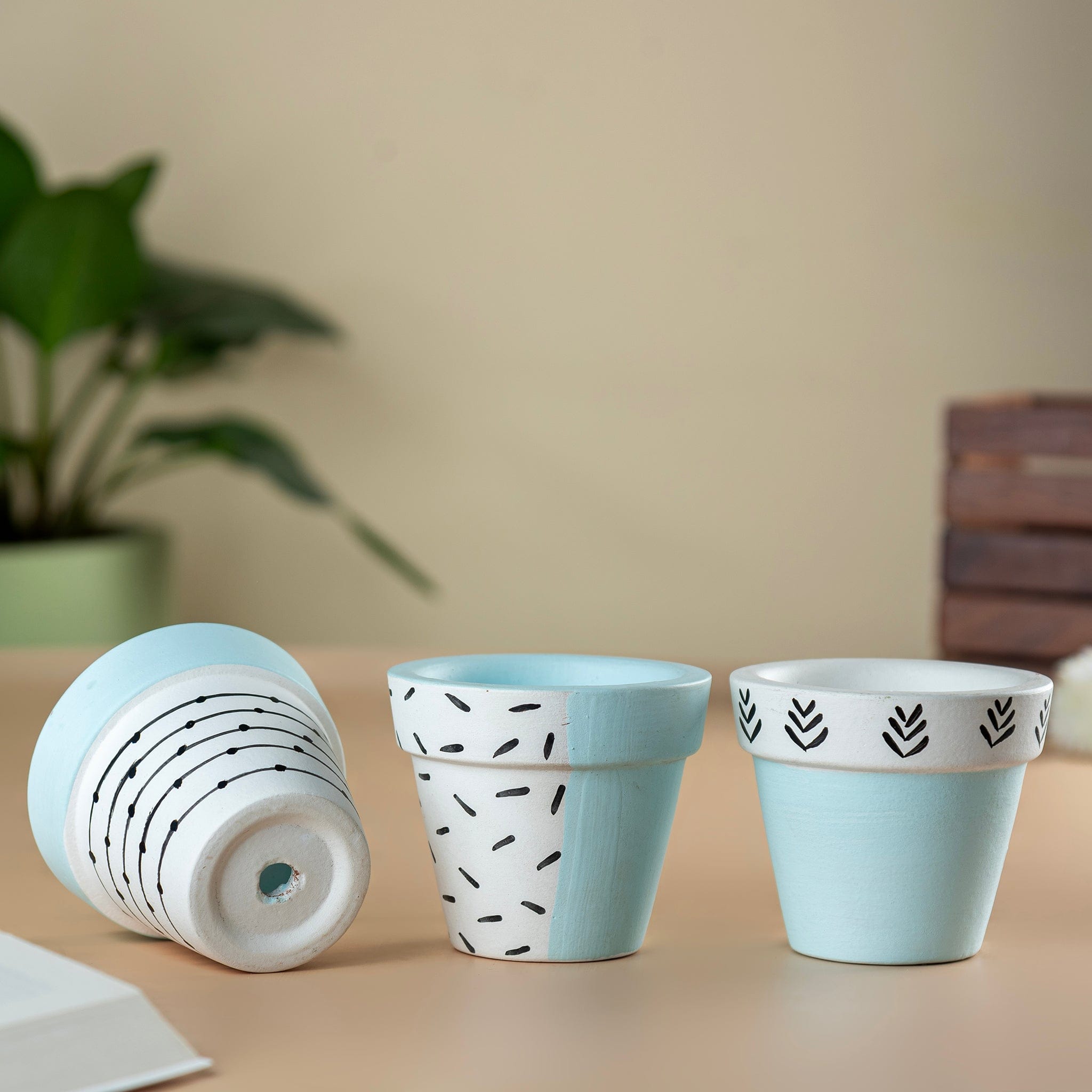 Pots & Planters Set of 3 Handpainted Tiny Terracotta Pots - Blue artmansha