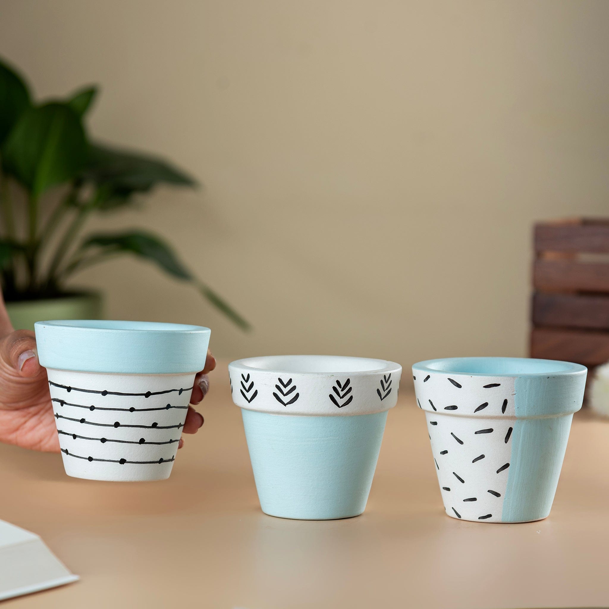 Pots & Planters Set of 3 Handpainted Tiny Terracotta Pots - Blue artmansha
