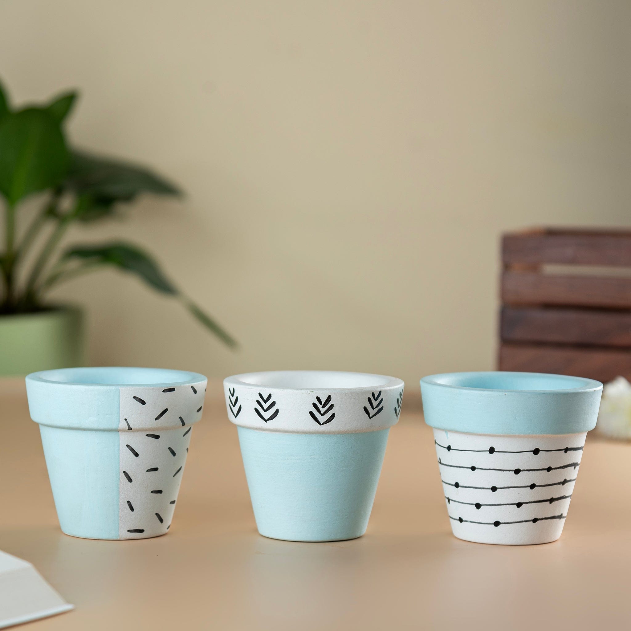 Pots & Planters Set of 3 Handpainted Tiny Terracotta Pots - Blue artmansha
