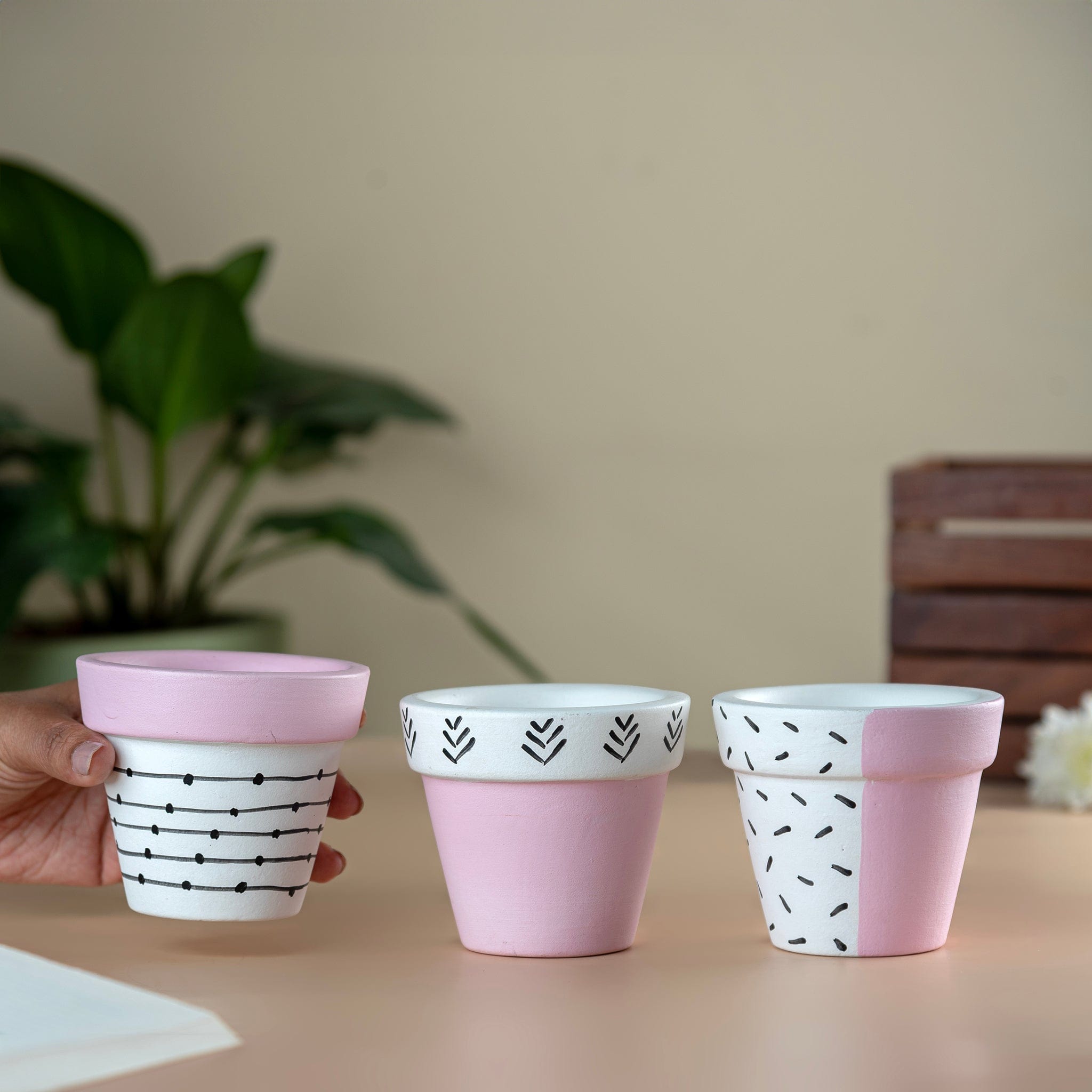 Pots & Planters Set of 3 Handpainted Tiny Terracotta Pots - Pink artmansha