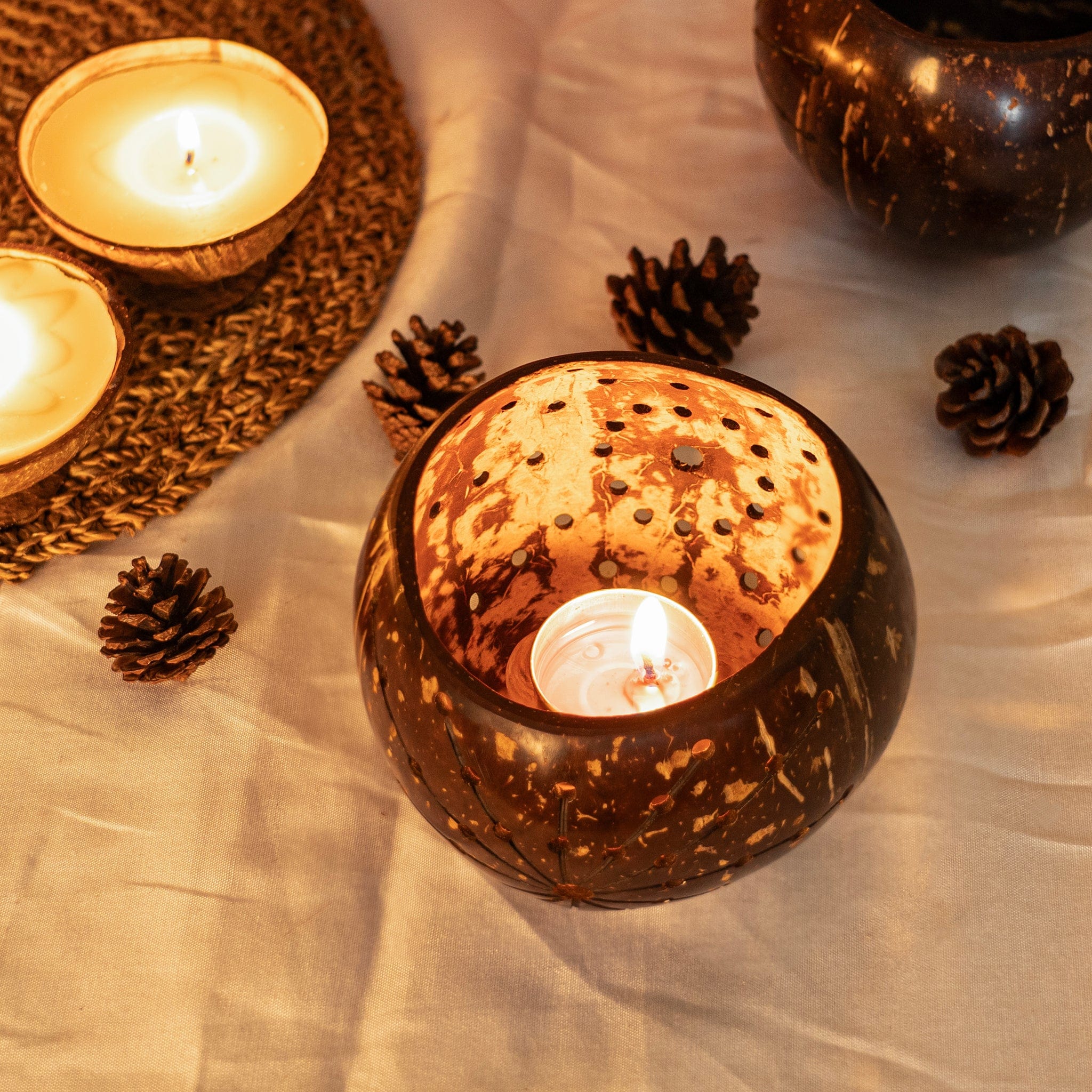 Set of 2 'Coco' Coconut Shell Tealight Holders- Starlight artmansha