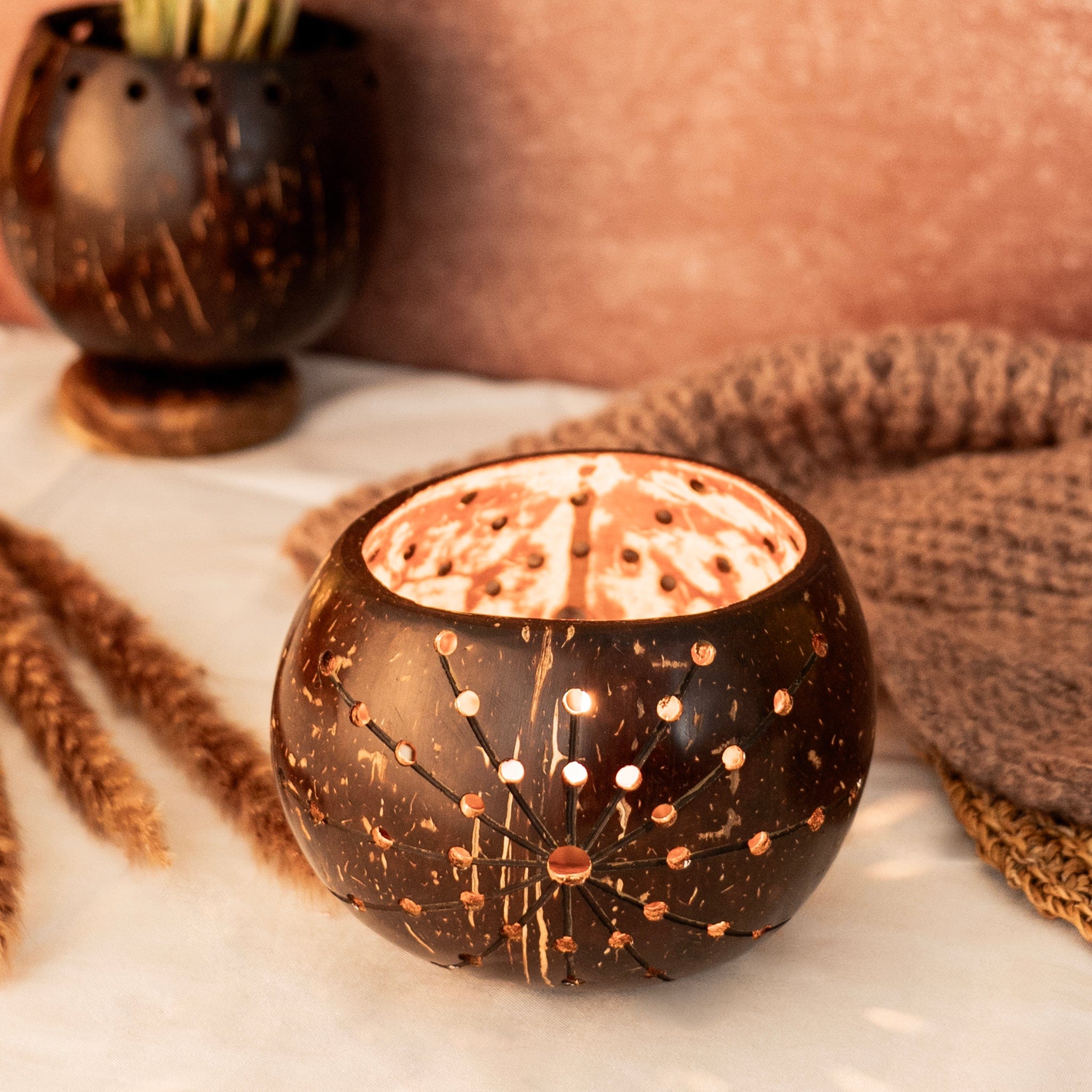 Set of 2 'Coco' Coconut Shell Tealight Holders- Starlight artmansha