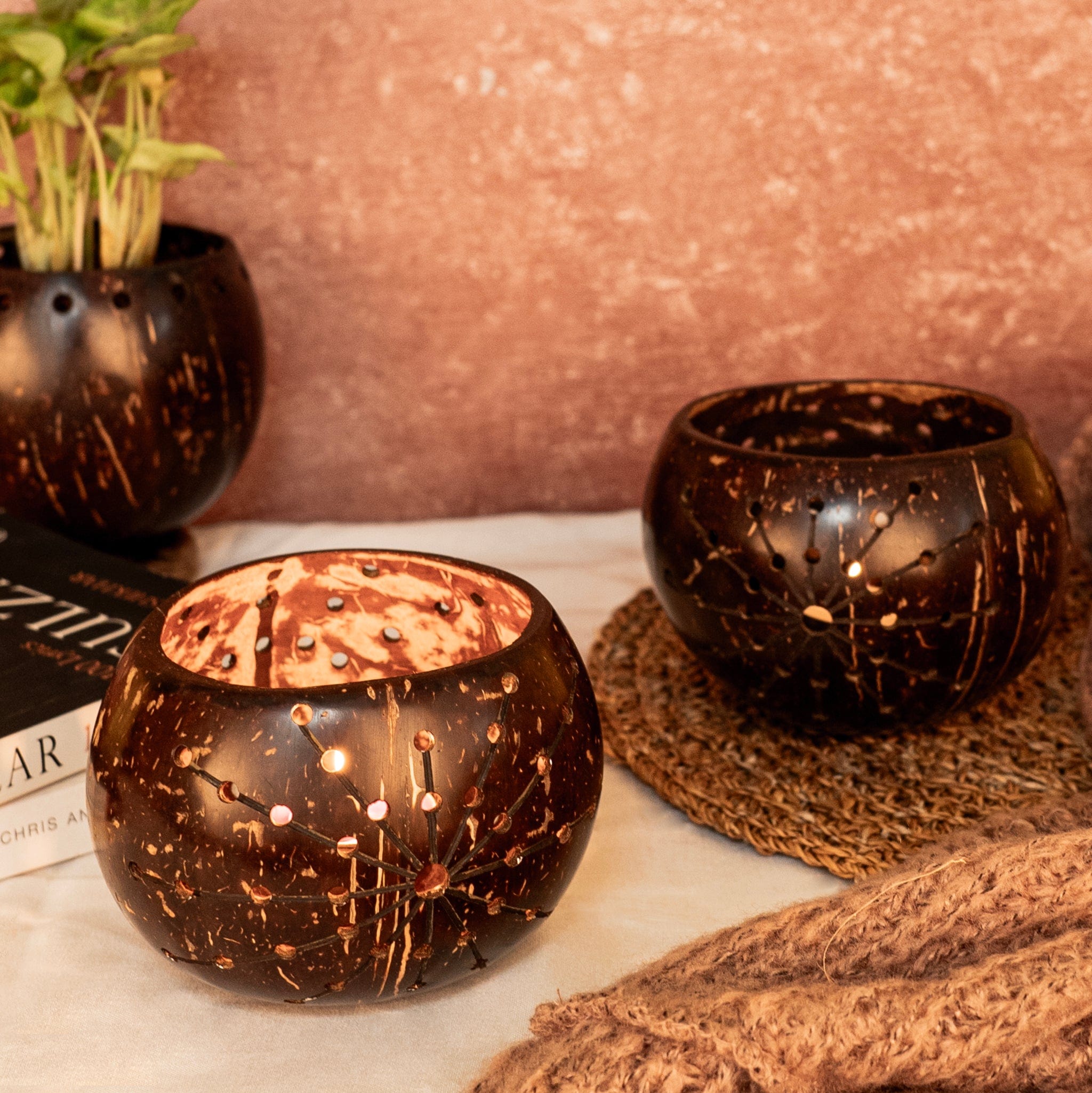 Set of 2 'Coco' Coconut Shell Tealight Holders- Starlight artmansha