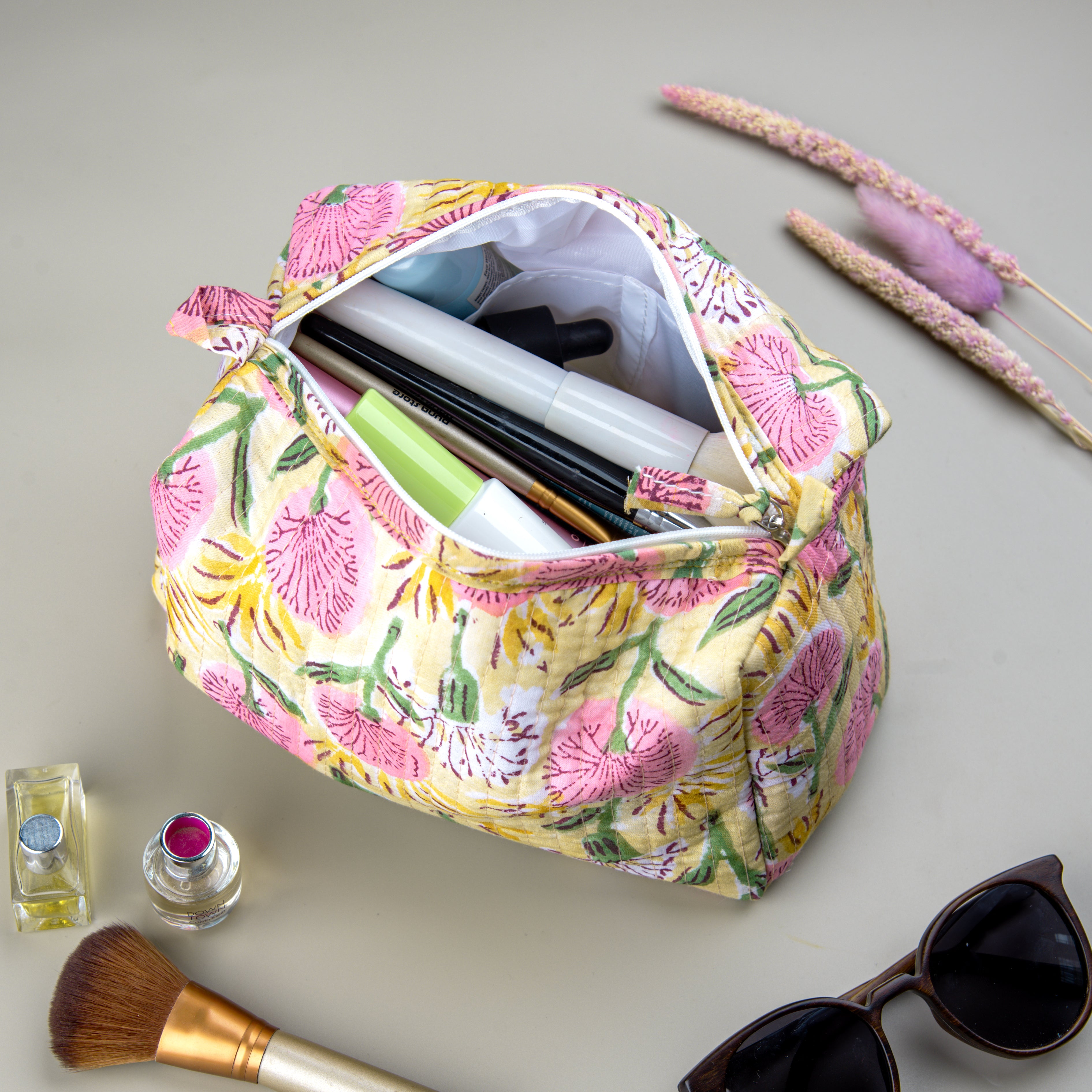 "Floral Meadow" Block Printed Quilted Toiletry Pouch Set of 3 -Small, Medium & Large
