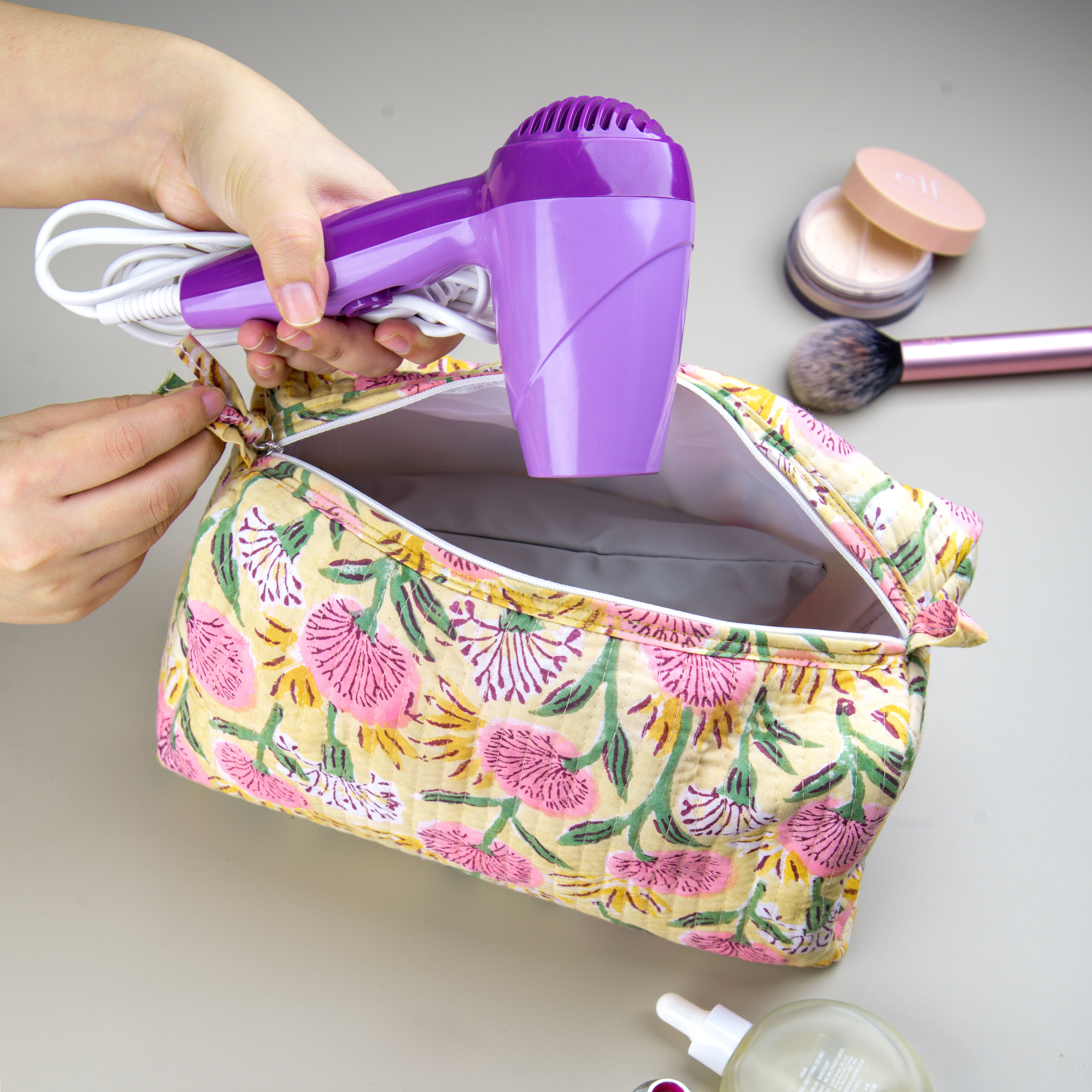 "Floral Meadow" Block Printed Quilted Toiletry Pouch Set of 3 -Small, Medium & Large