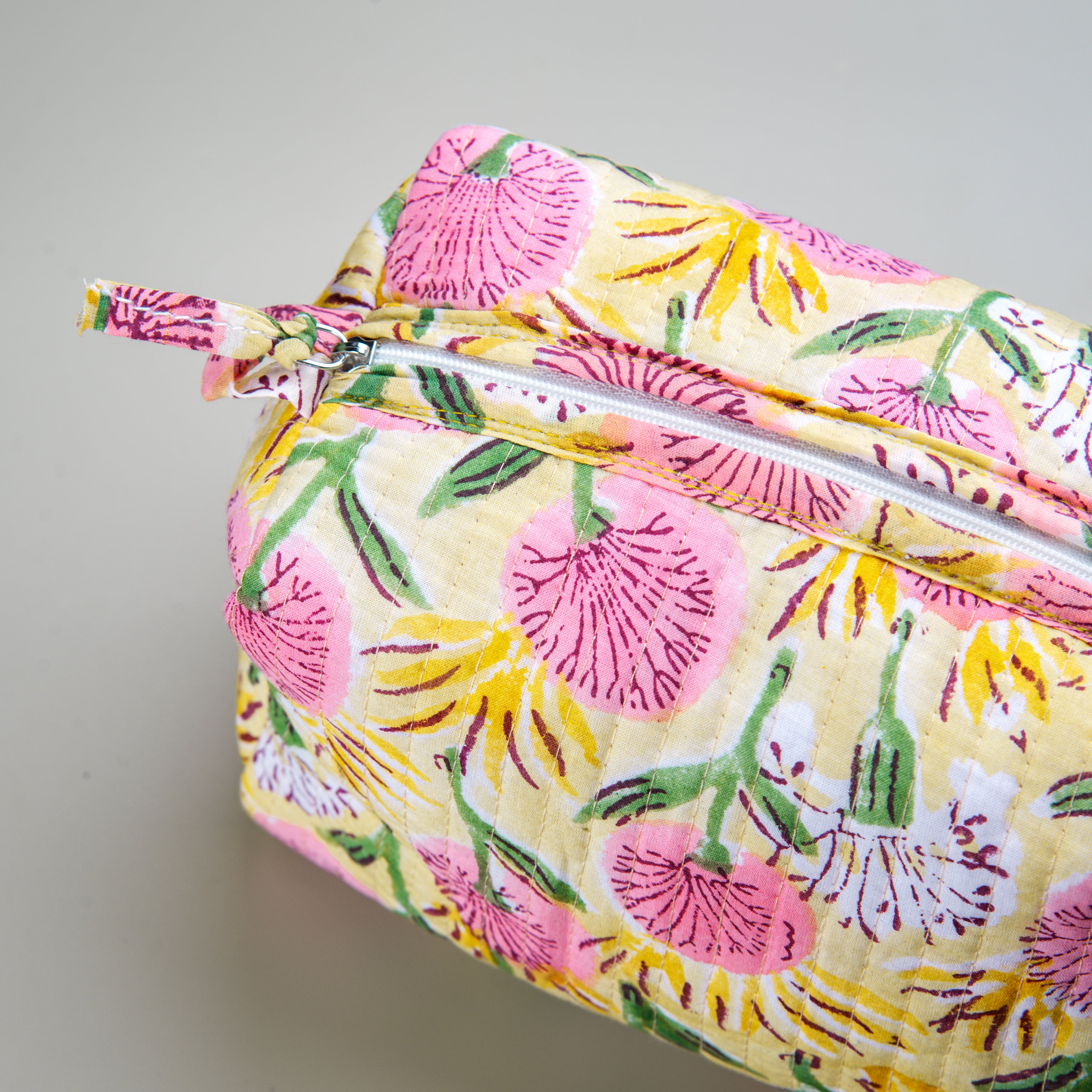 '"Floral Meadow" Block Printed Quilted Toiletry Pouch – Medium