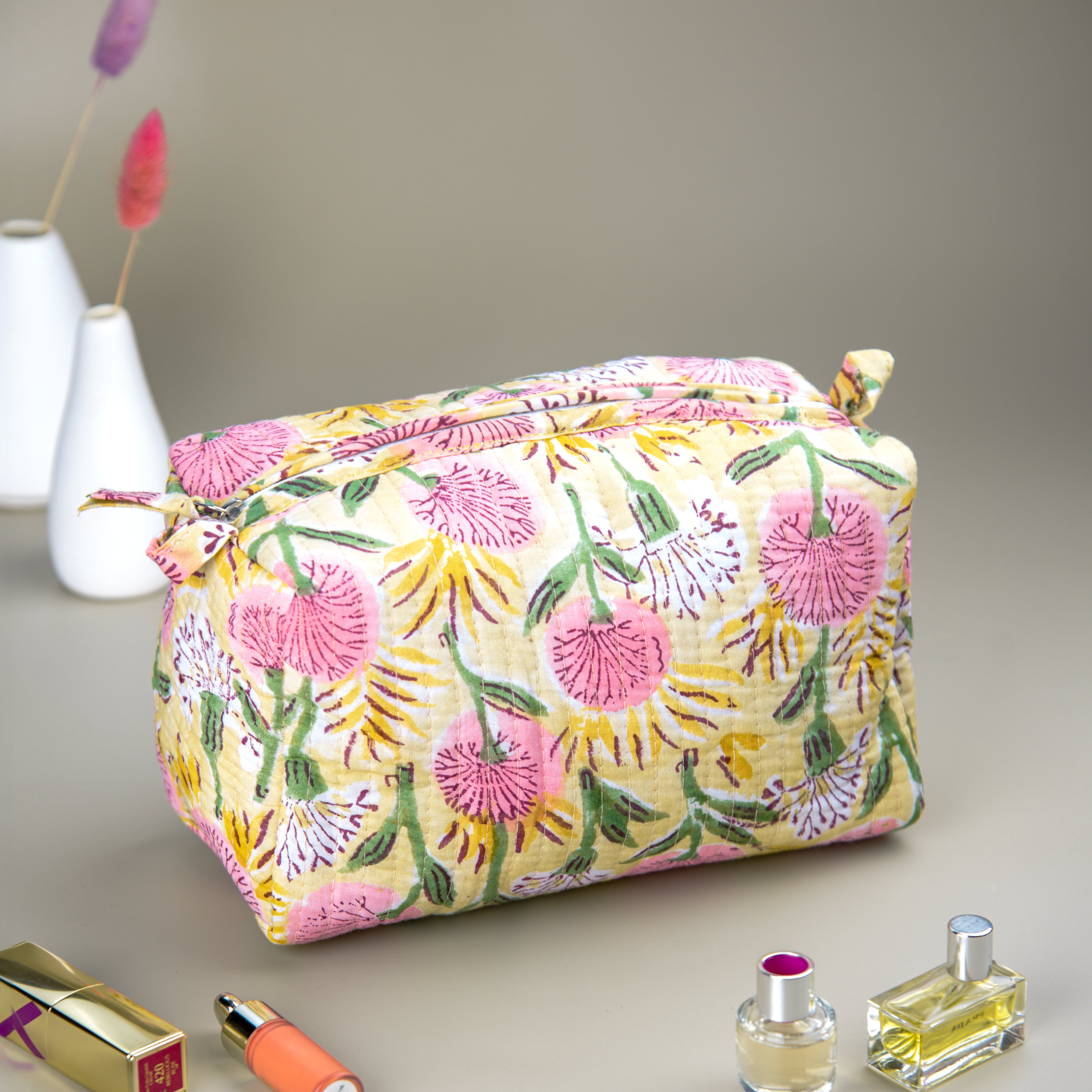 '"Floral Meadow" Block Printed Quilted Toiletry Pouch – Medium