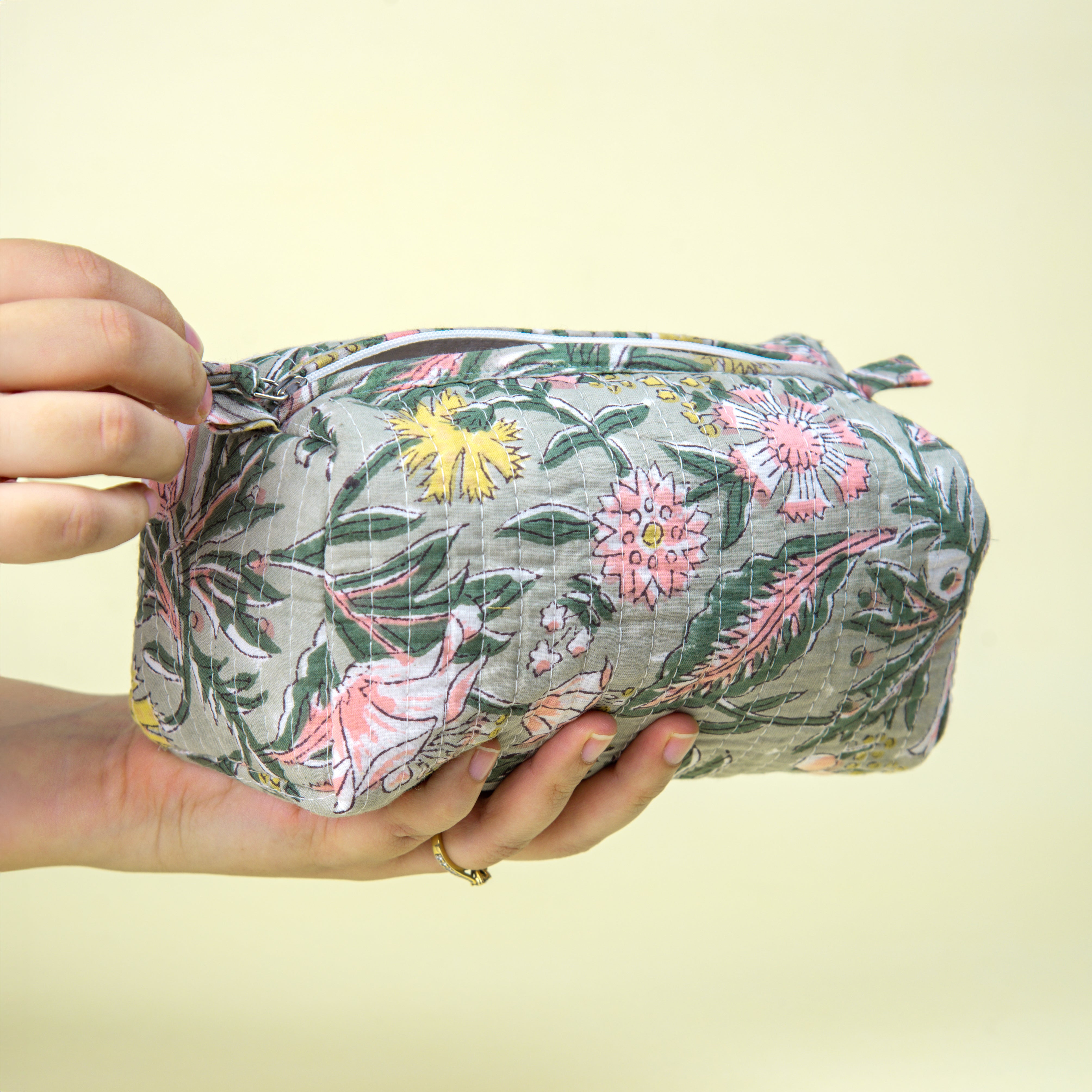 "Forest Bloom" Block Printed Quilted Toiletry Pouch Set of 3 – Small, Medium & Large