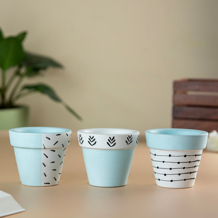 Set of 3 Handpainted Tiny Terracotta Pots - Blue