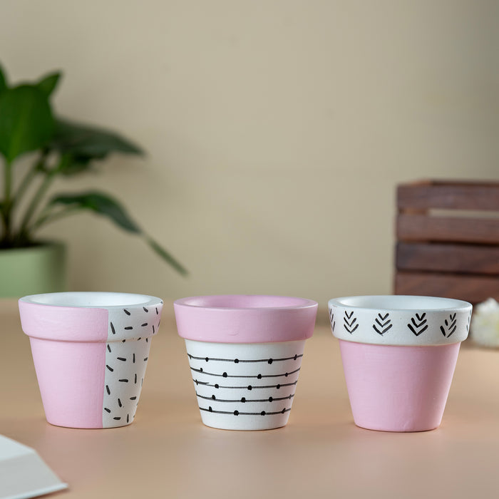 Set of 3 Handpainted Tiny Terracotta Pots - Pink