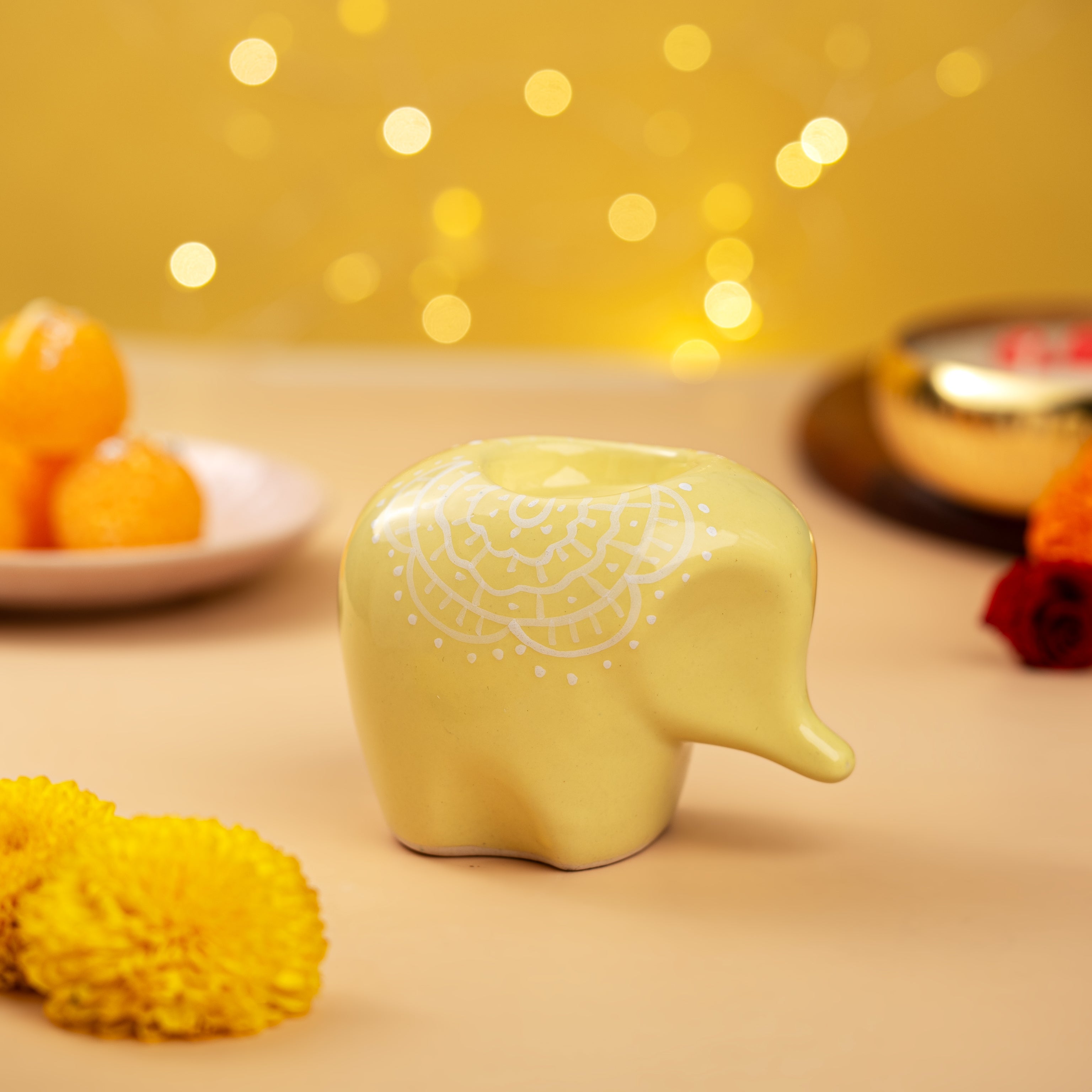 Yellow Elephant Ceramic Handpainted Tealight Holder- Single Piece (Not a Set)