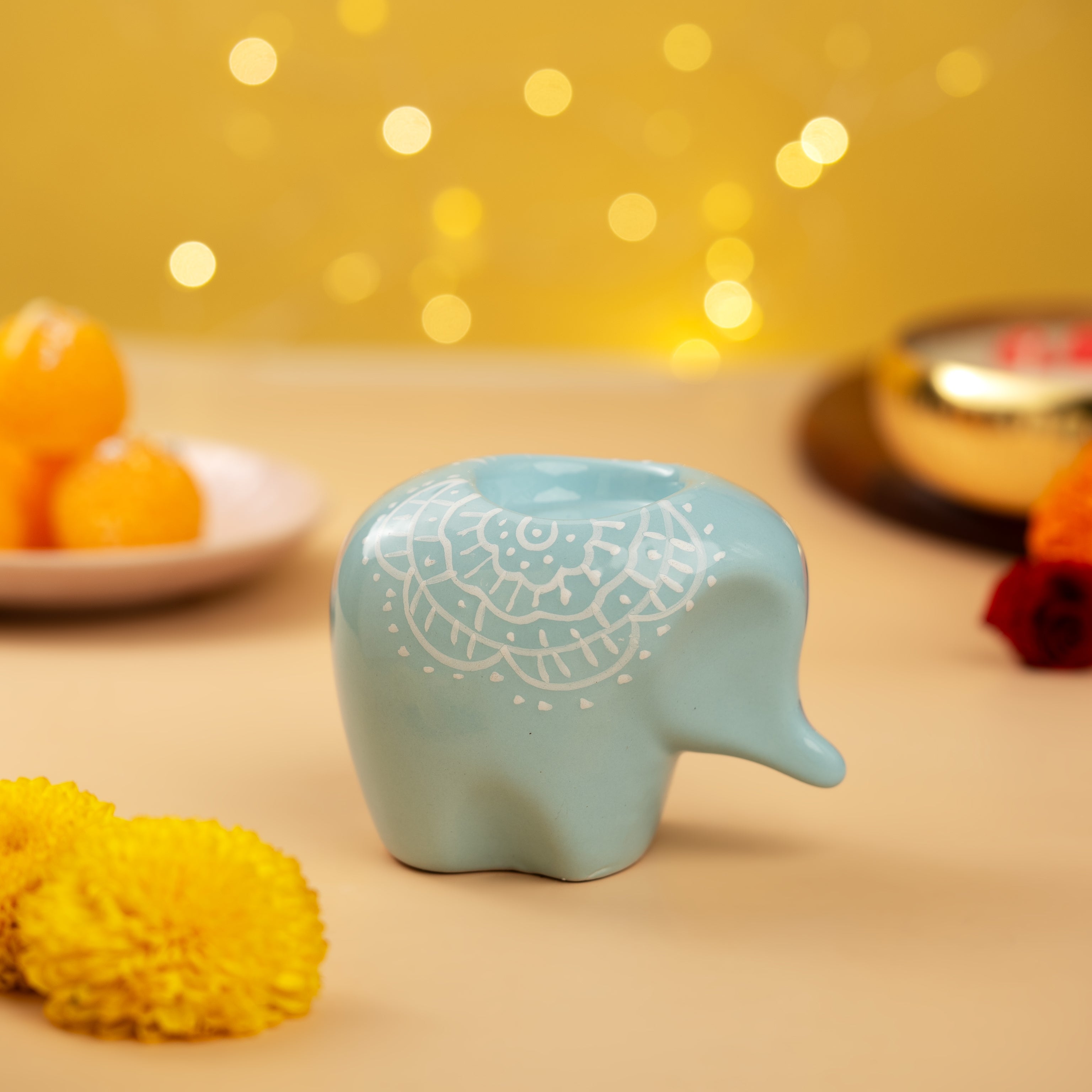Blue Elephant Ceramic Handpainted Tealight Holder- Single Piece (Not a Set)