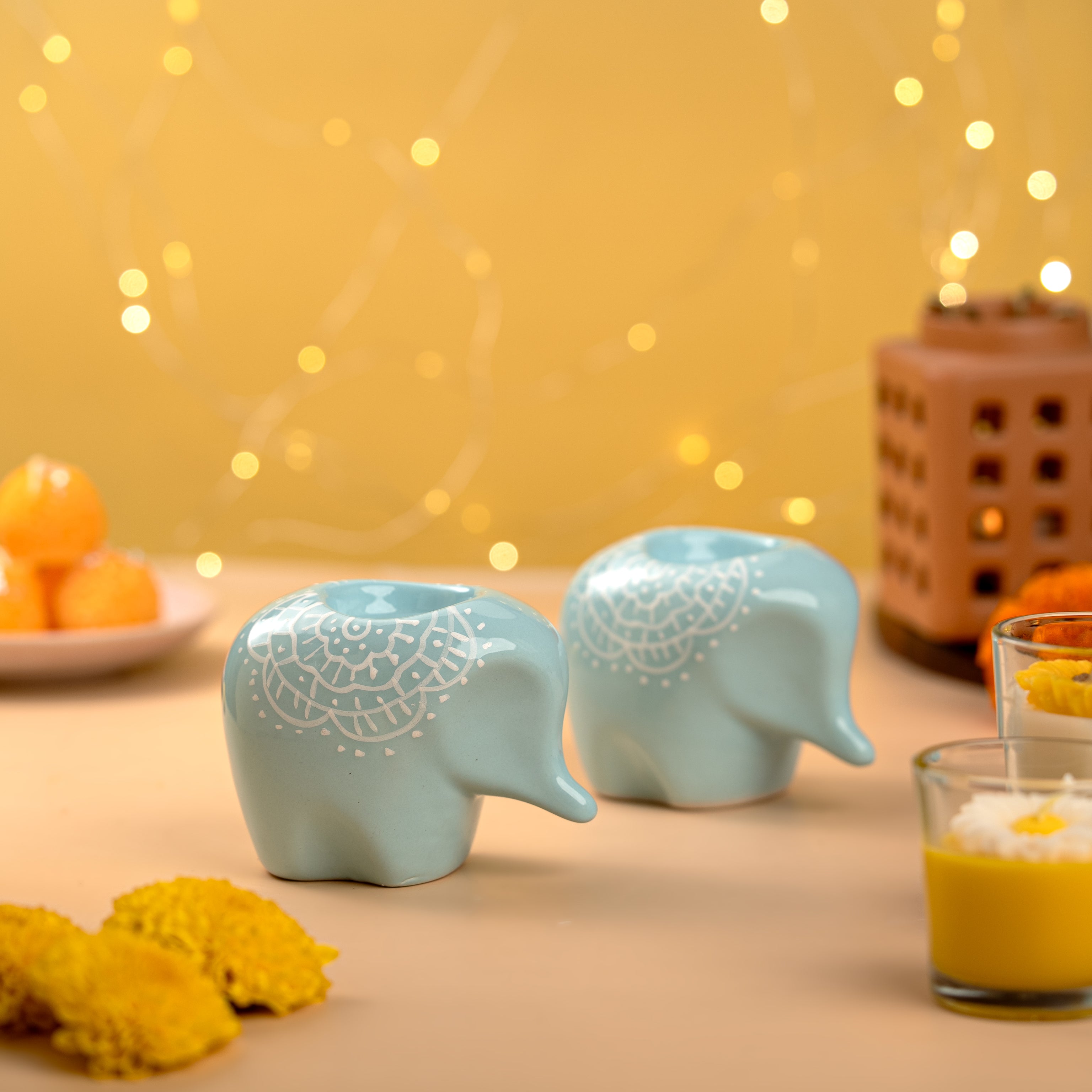 Blue Elephant Ceramic Handpainted Tealight Holder- Single Piece (Not a Set)
