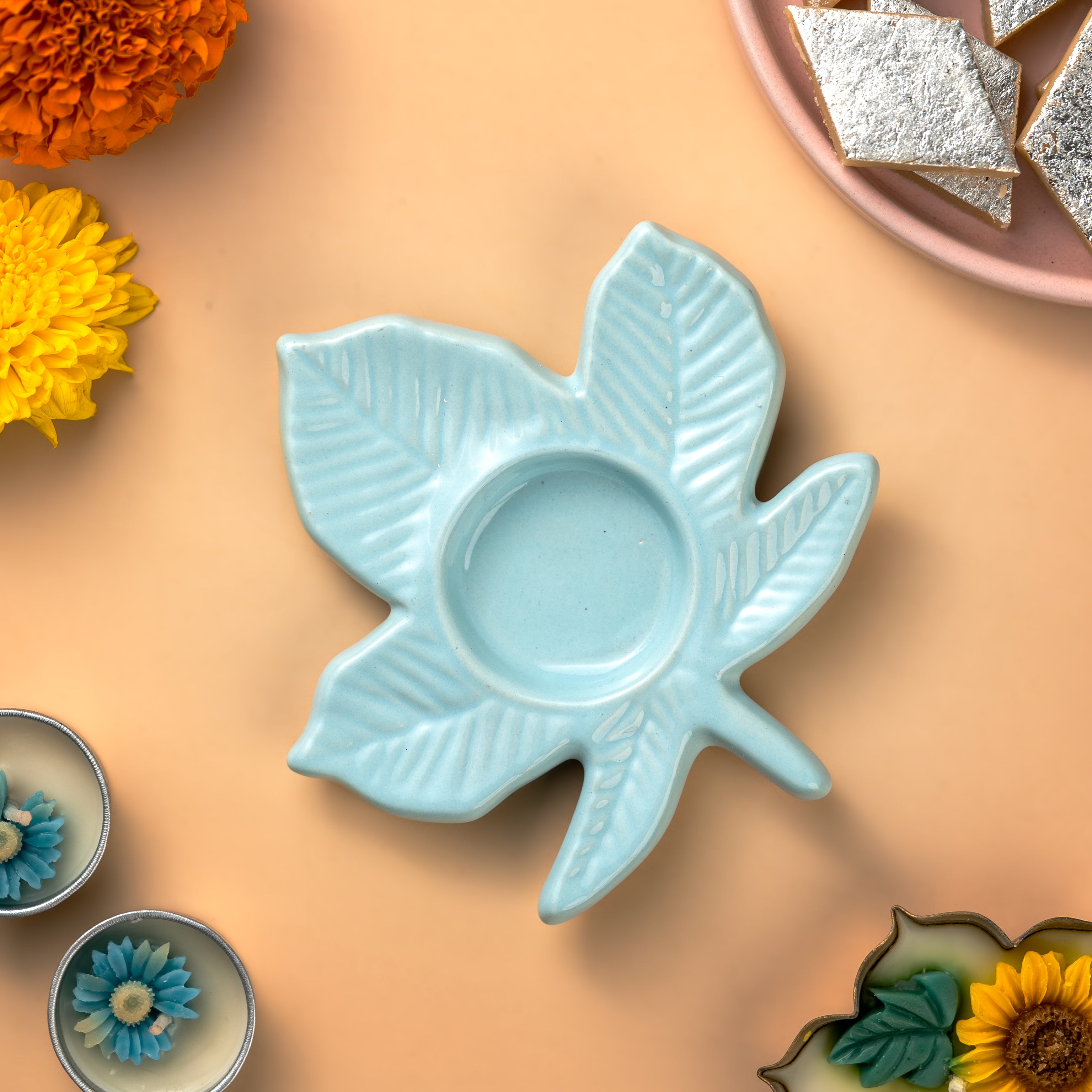 Blue Leaf Ceramic Tealight Holder – Single Piece (Not a Set)