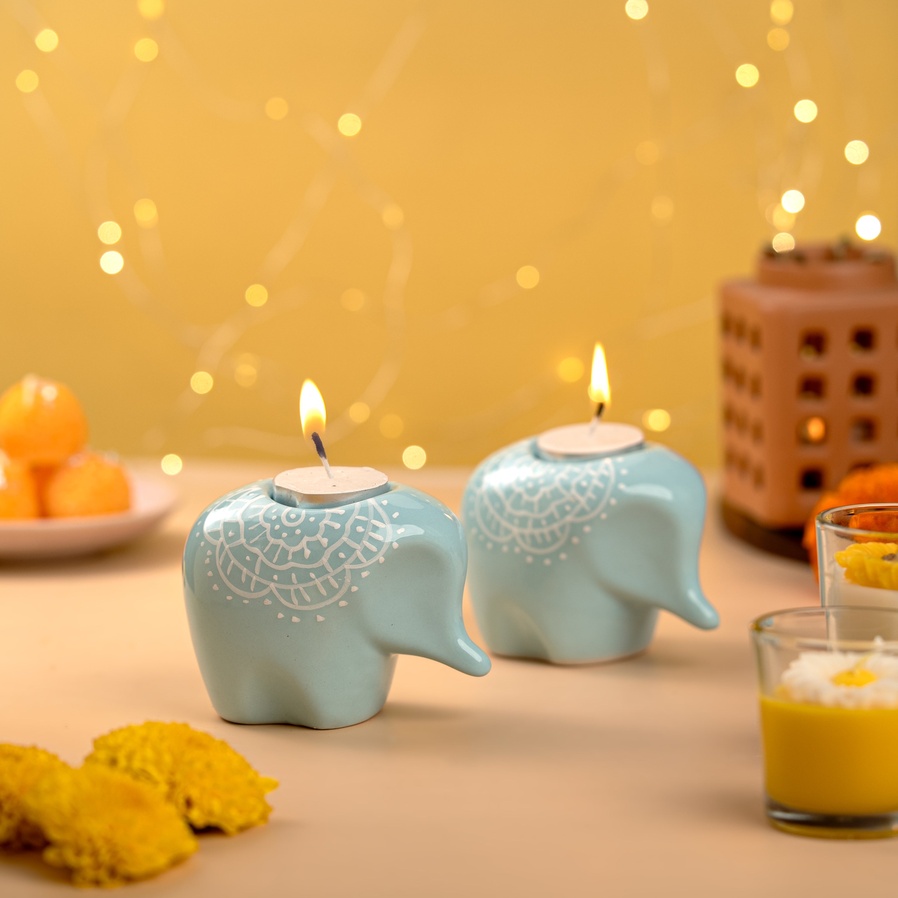Blue Elephant Ceramic Handpainted Tealight Holder- Single Piece (Not a Set)