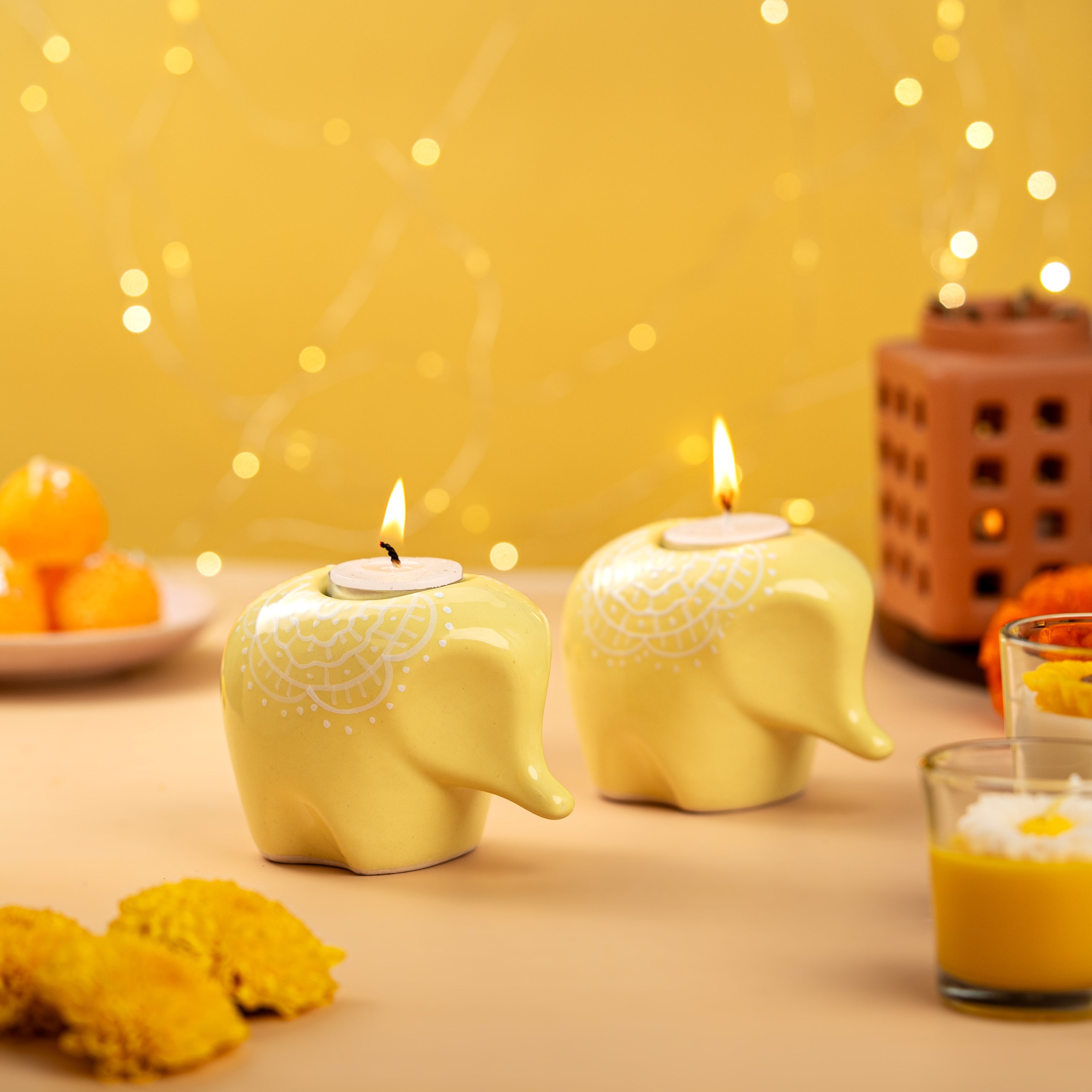 Yellow Elephant Ceramic Handpainted Tealight Holder- Single Piece (Not a Set)