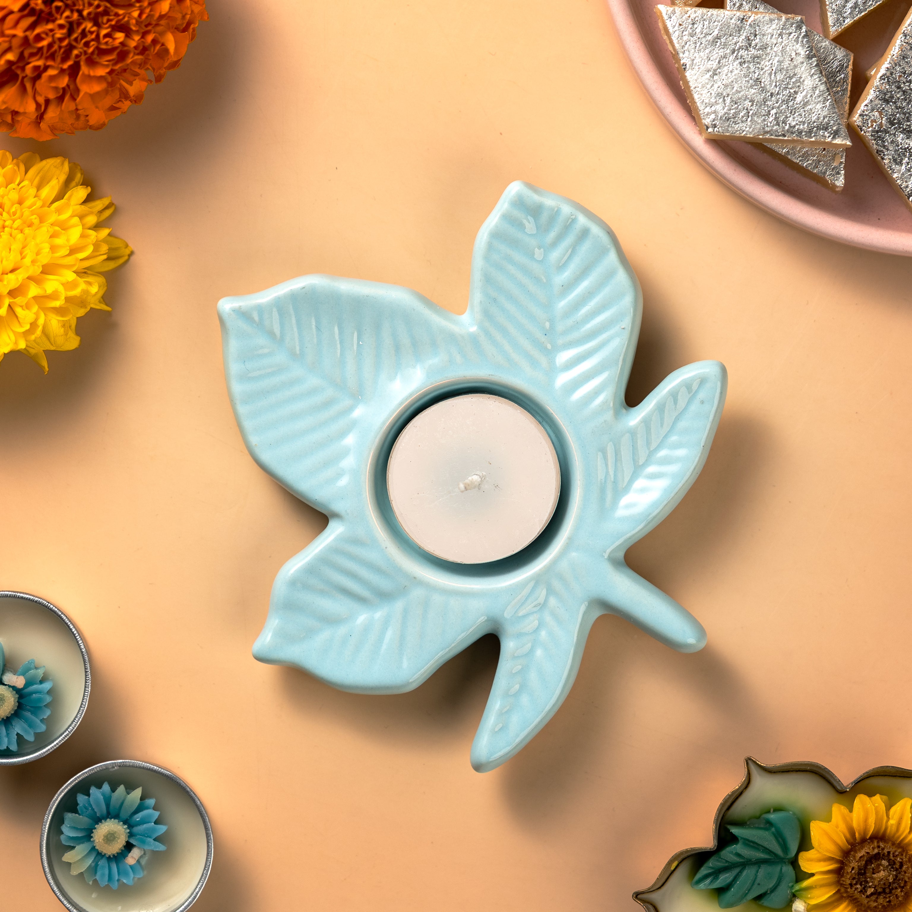 Blue Leaf Ceramic Tealight Holder – Single Piece (Not a Set)