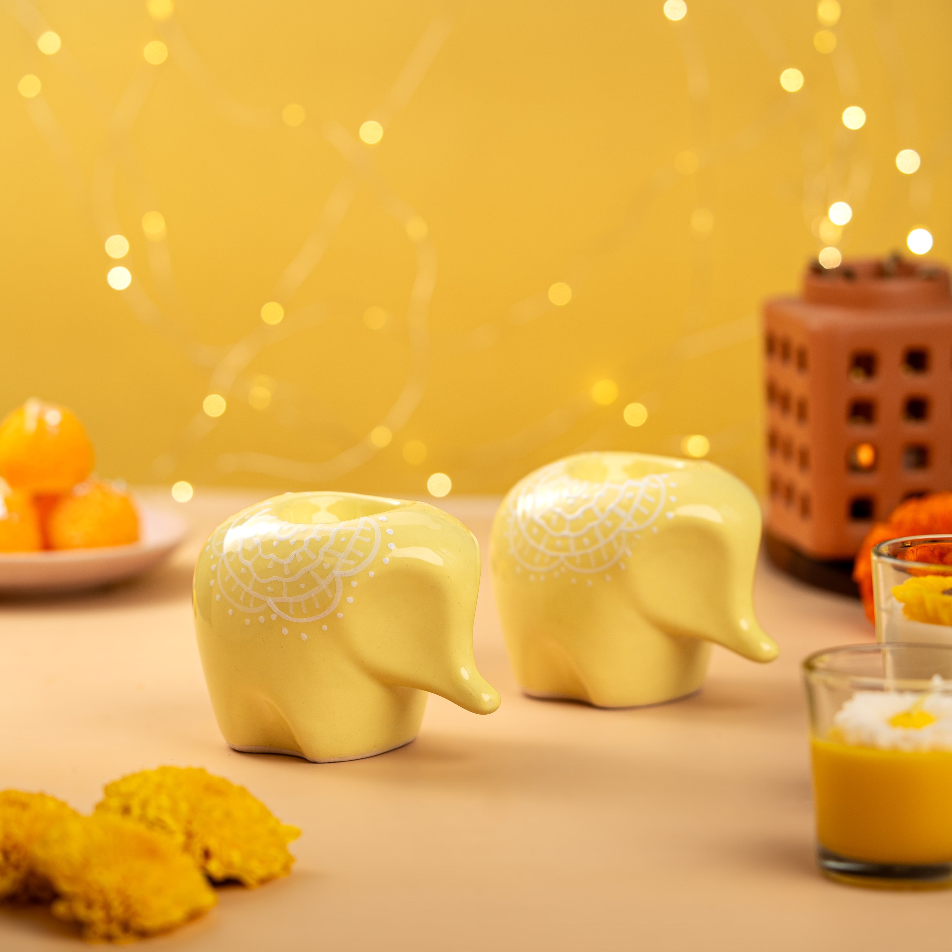 Set of 2 Yellow Elephant Ceramic Handpainted Tealight Holders
