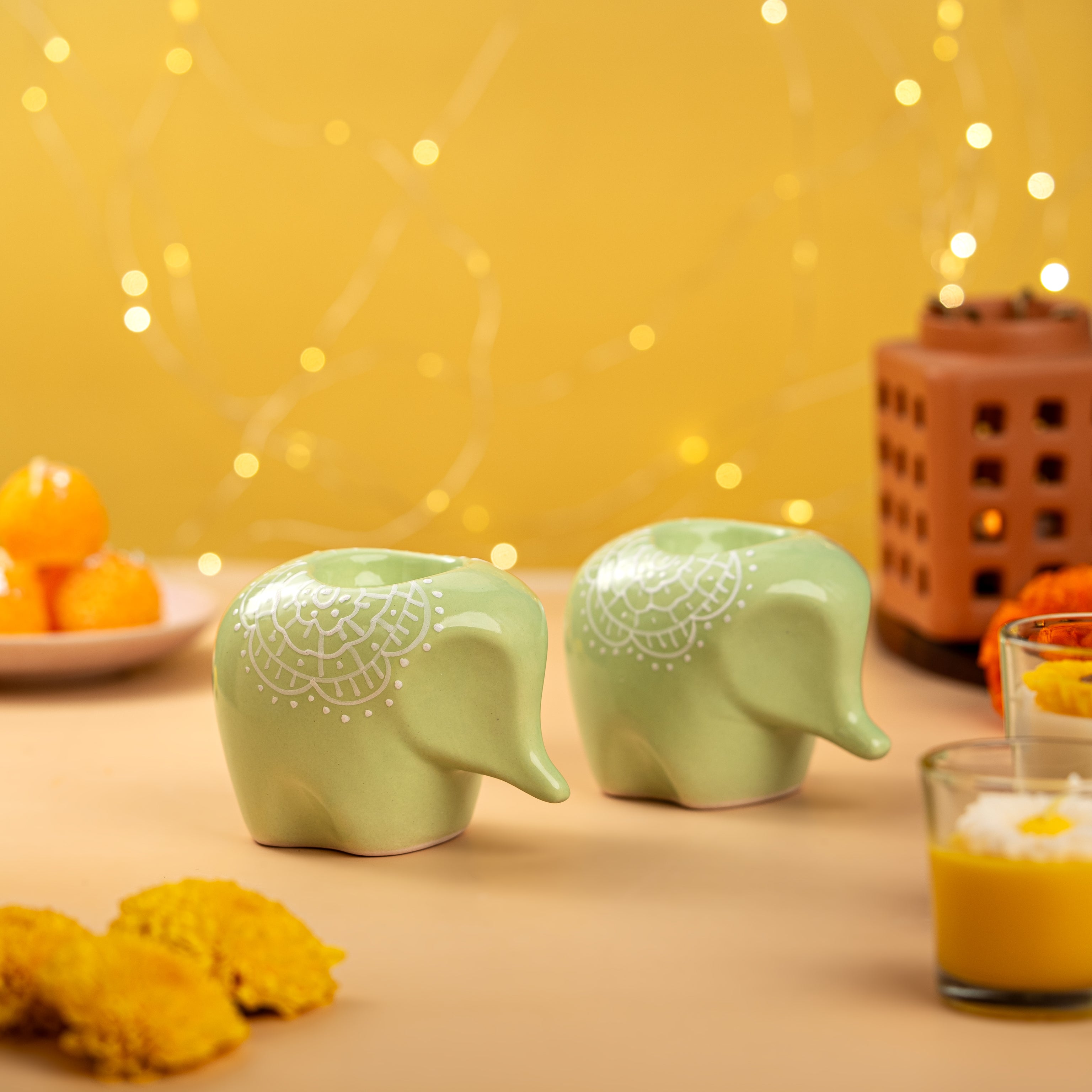 Green Elephant Ceramic Handpainted Tealight Holder- Single Piece (Not a Set)