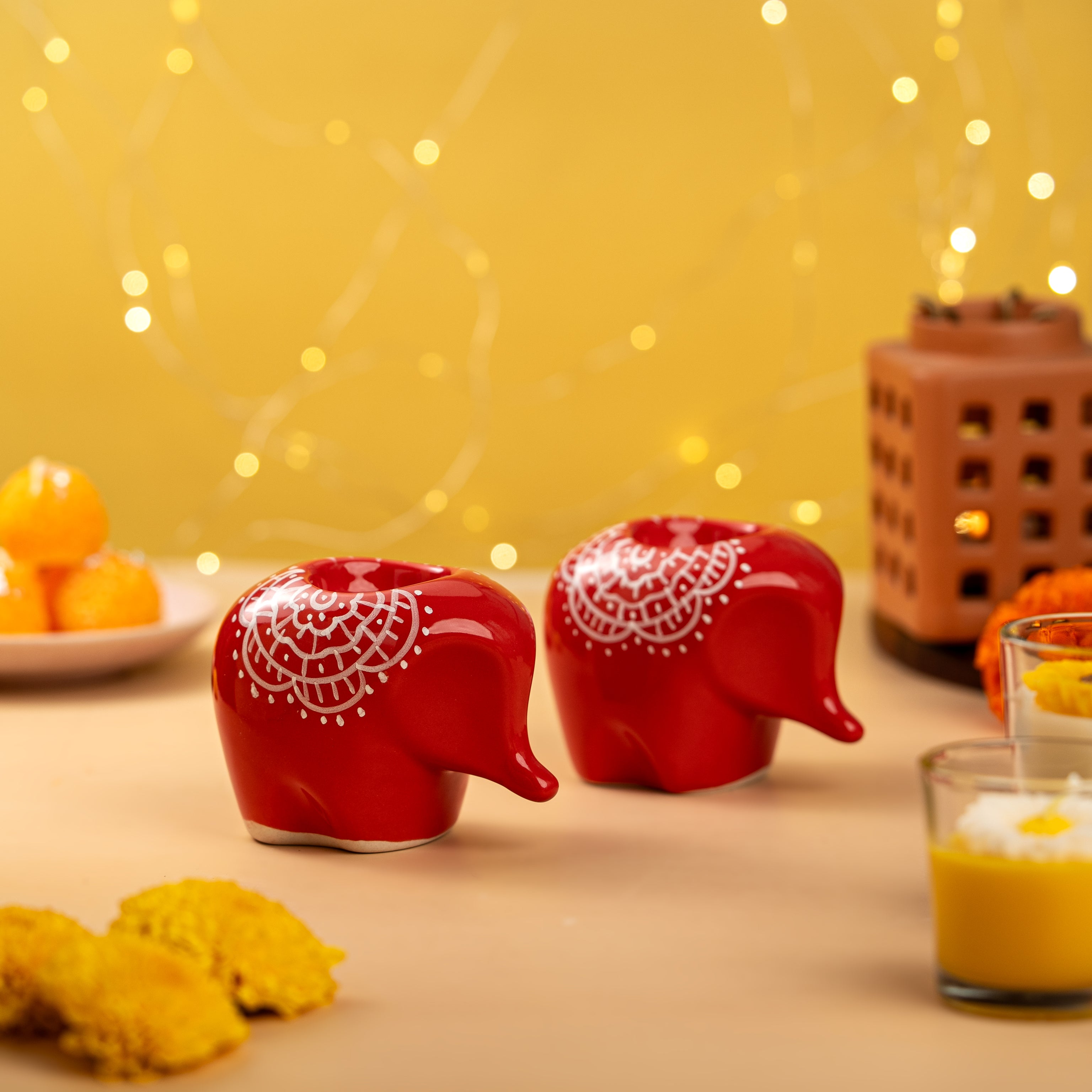 Set of 2 Red Elephant Ceramic Handpainted Tealight Holders