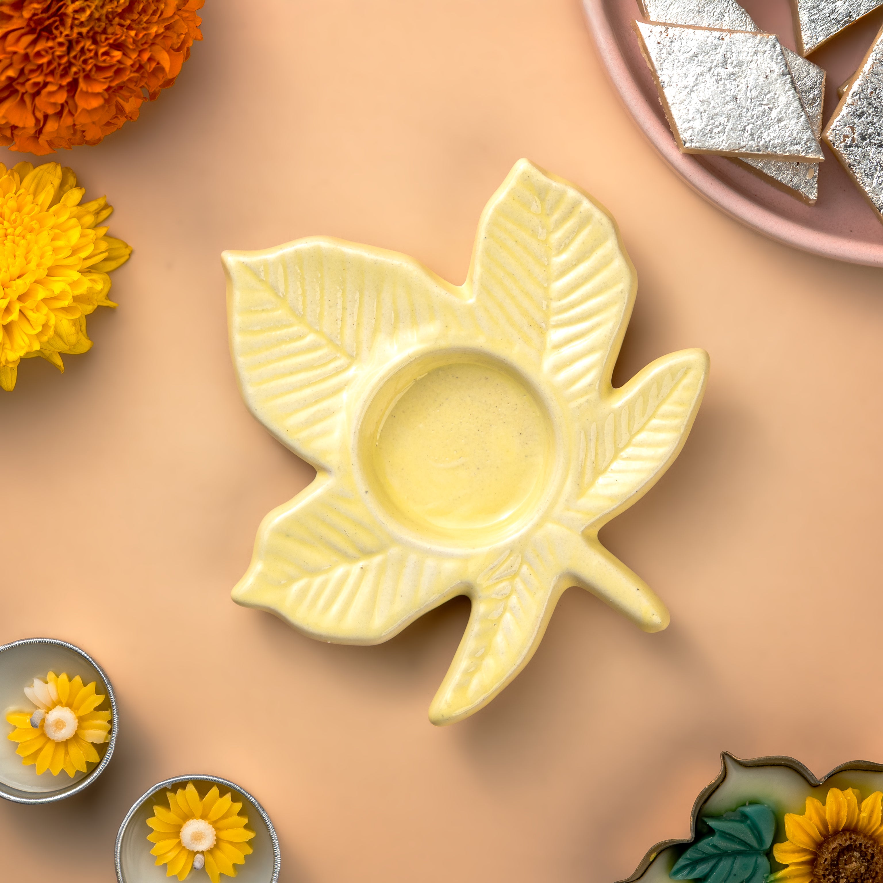 Set of 2 Yellow Leaf Ceramic Tealight Holders