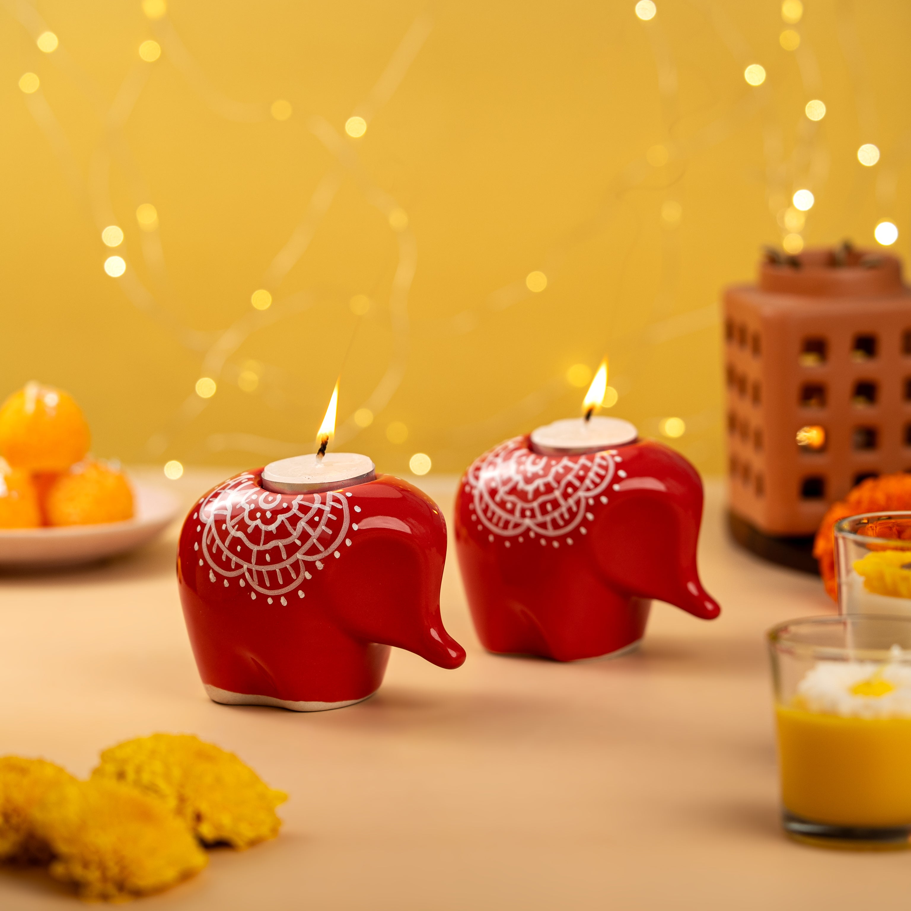 Set of 2 Red Elephant Ceramic Handpainted Tealight Holders